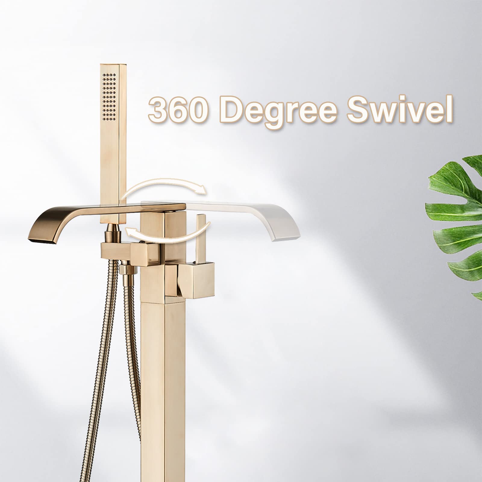 Freestanding Bathtub Faucet - Brushed Gold Floor Mount Waterfall Tub Filler with Hand Shower | High Flow Solid Brass 360° Swivel Standing Mixer Tap for Modern Bathroom | Perfect for Spa-Like Relaxation and Luxury Bathing Experience