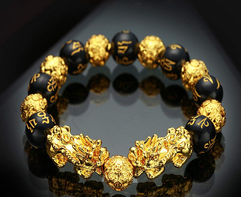 2Pcs Feng Shui Bracelets with Gold Plated Pixiu - Adjustable Black Obsidian Beaded Bracelet for Men & Women - Wealth & Good Luck Amulet - Perfect for Meditation, Protection & Positive Energy