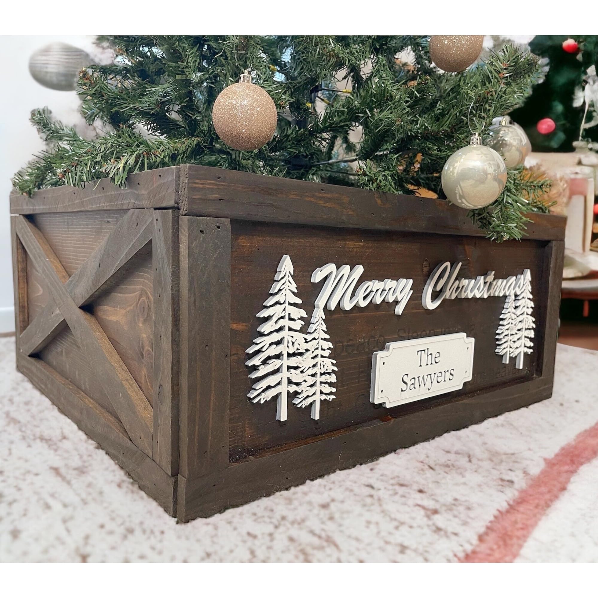 Foldable Christmas Tree Collar Box - Rustic Farmhouse Holiday Decor for Xmas Tree Base | Personalized Collapsible Tree Skirt Alternative | Perfect for Living Room, Porch & Festive Home Decor