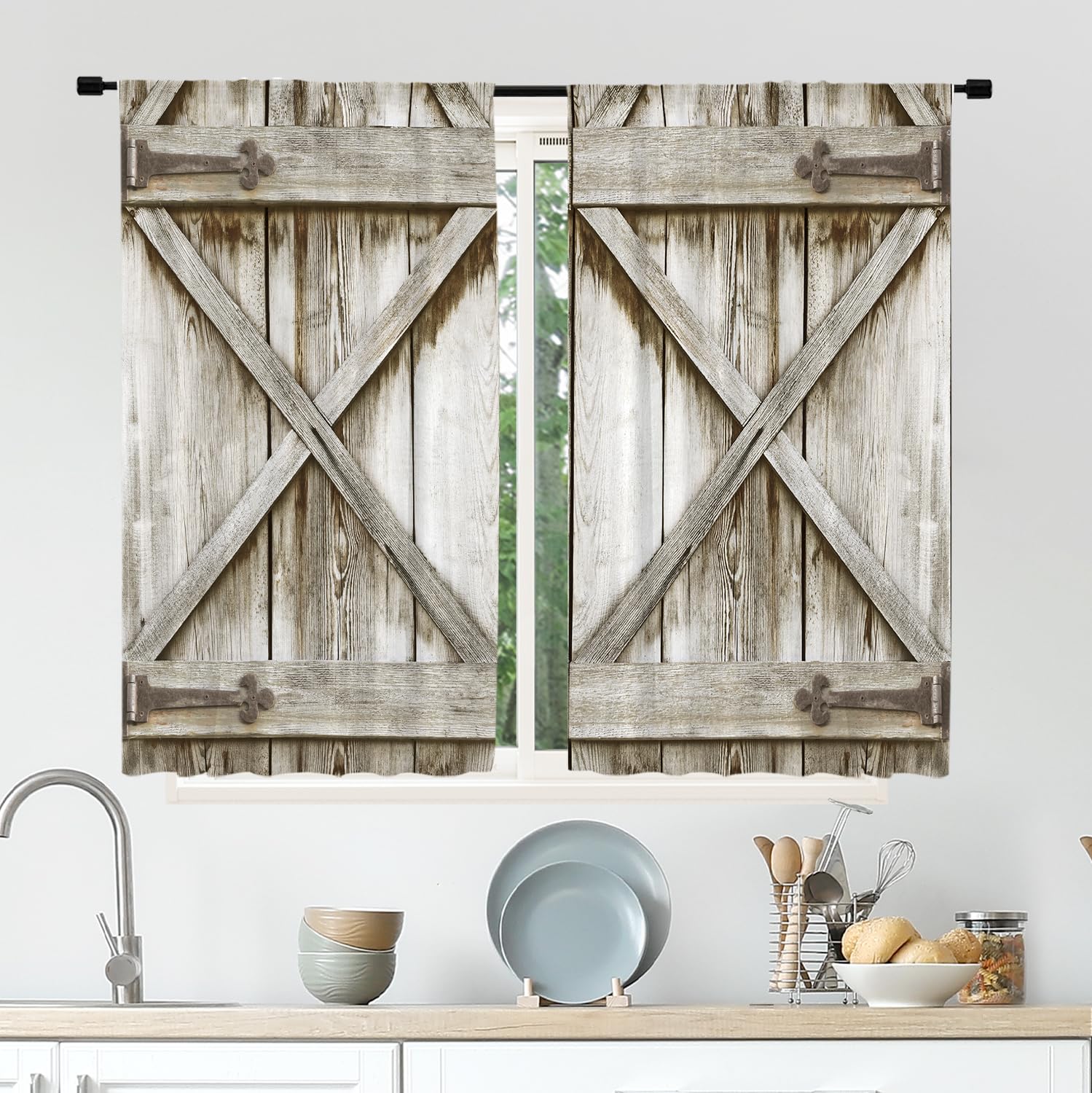 Rustic Farmhouse Kitchen Window Curtains - Wooden Barn Door Design, 27.5