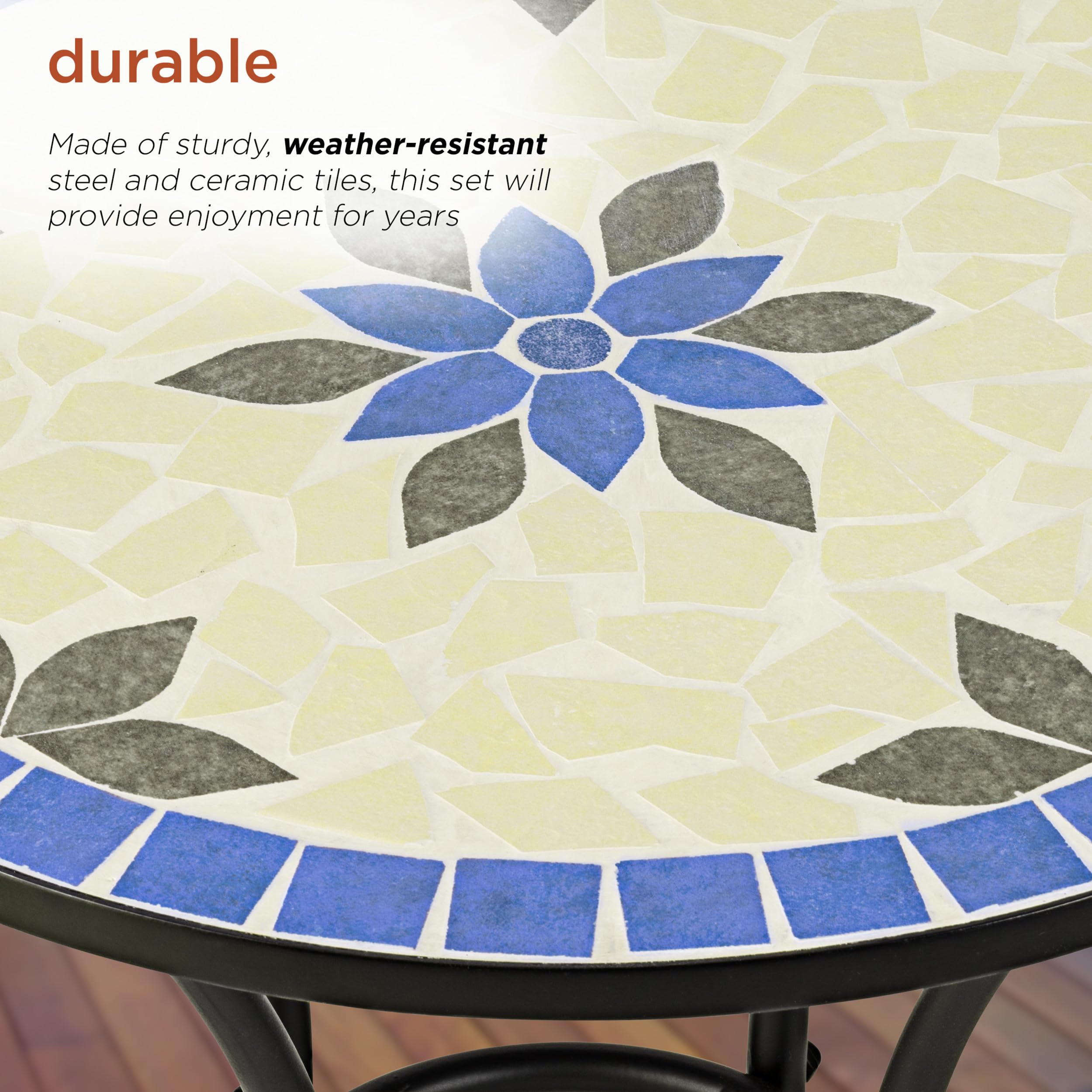 Alpine Corporation 3-Piece Blue and Beige Mosaic Bistro Set - Outdoor Patio Dining Furniture for Garden, Balcony & Backyard