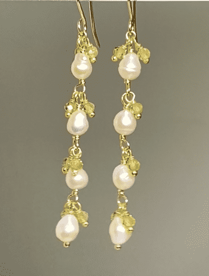 Peridot and Pearl Long Dainty Earrings - 14K Gold Filled Elegant Jewelry for Women | Perfect for Weddings, Parties & Special Occasions