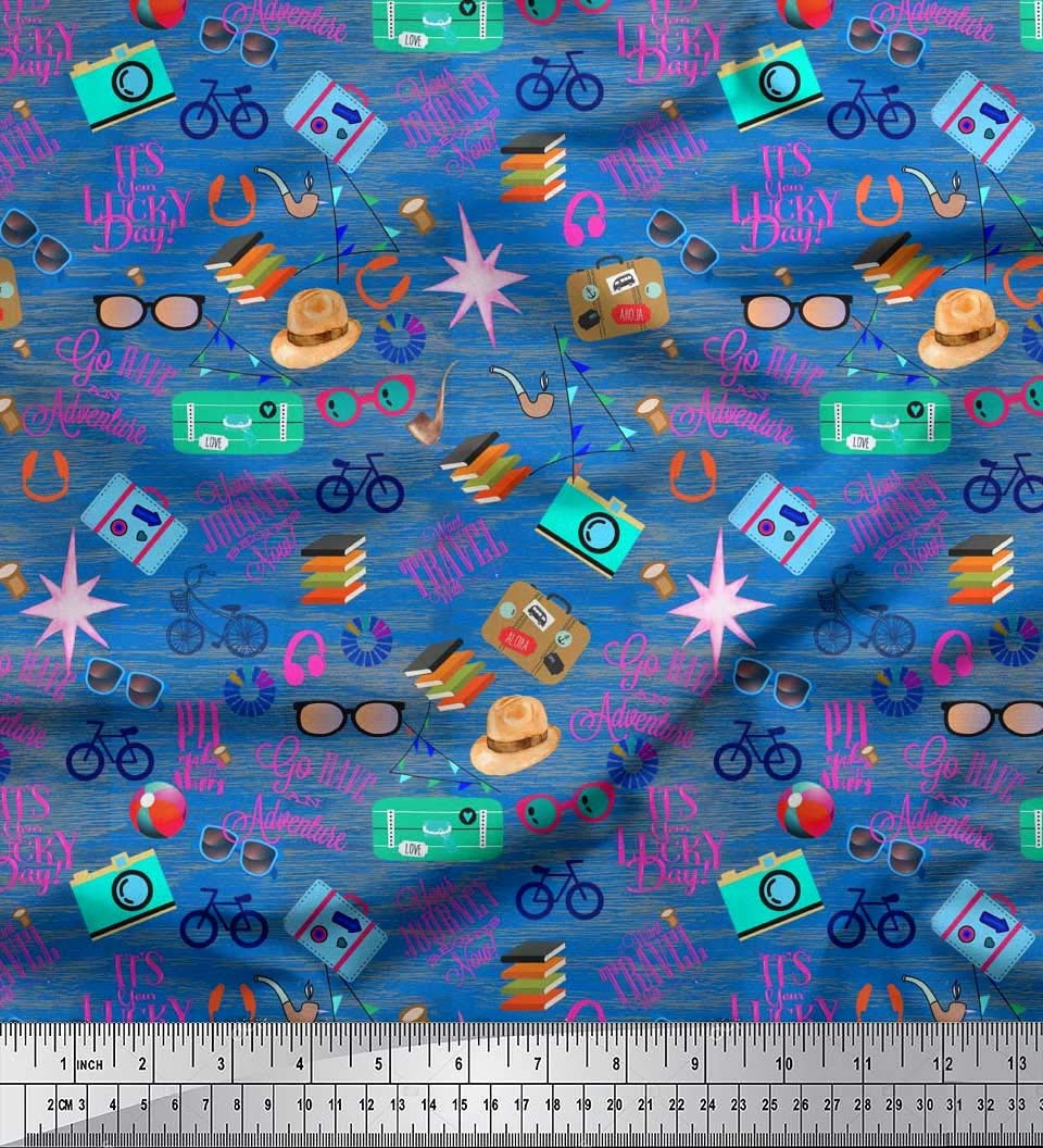 Soimoi 100% Cotton Poplin Blue Fabric by The Yard - 56 Inch Wide Premium Printed Fabric for Camera Bags, Hats & Briefcases - Travel & Adventure Style for Fashion & Home Decor Sewing Projects