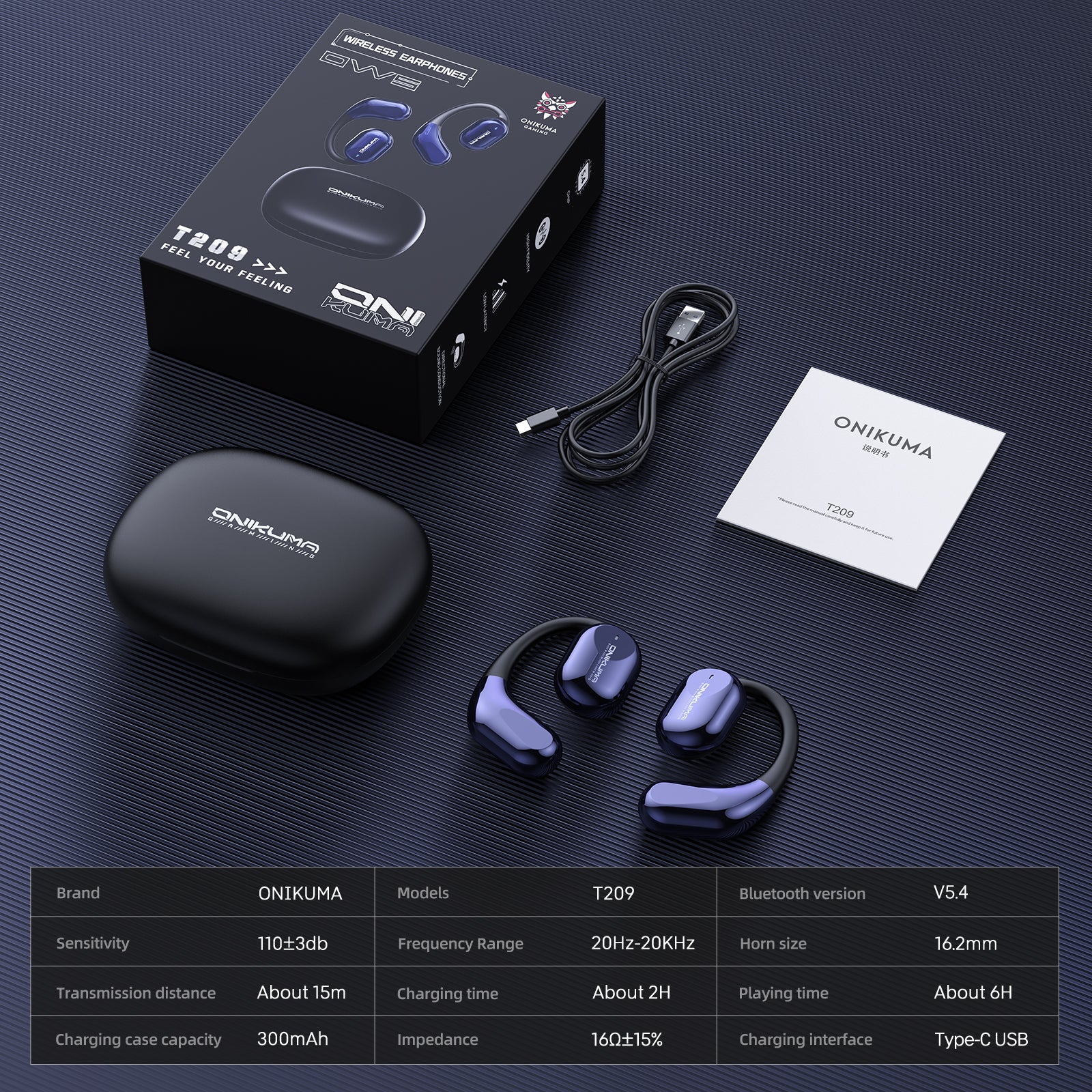 ONIKUMA T209 OWS Bluetooth Earphone with Charging Case - Cyberpunk Style Wireless Earbuds for Gaming, Workouts & Travel | Sweatproof, Long Battery Life, Hi-Fi Sound