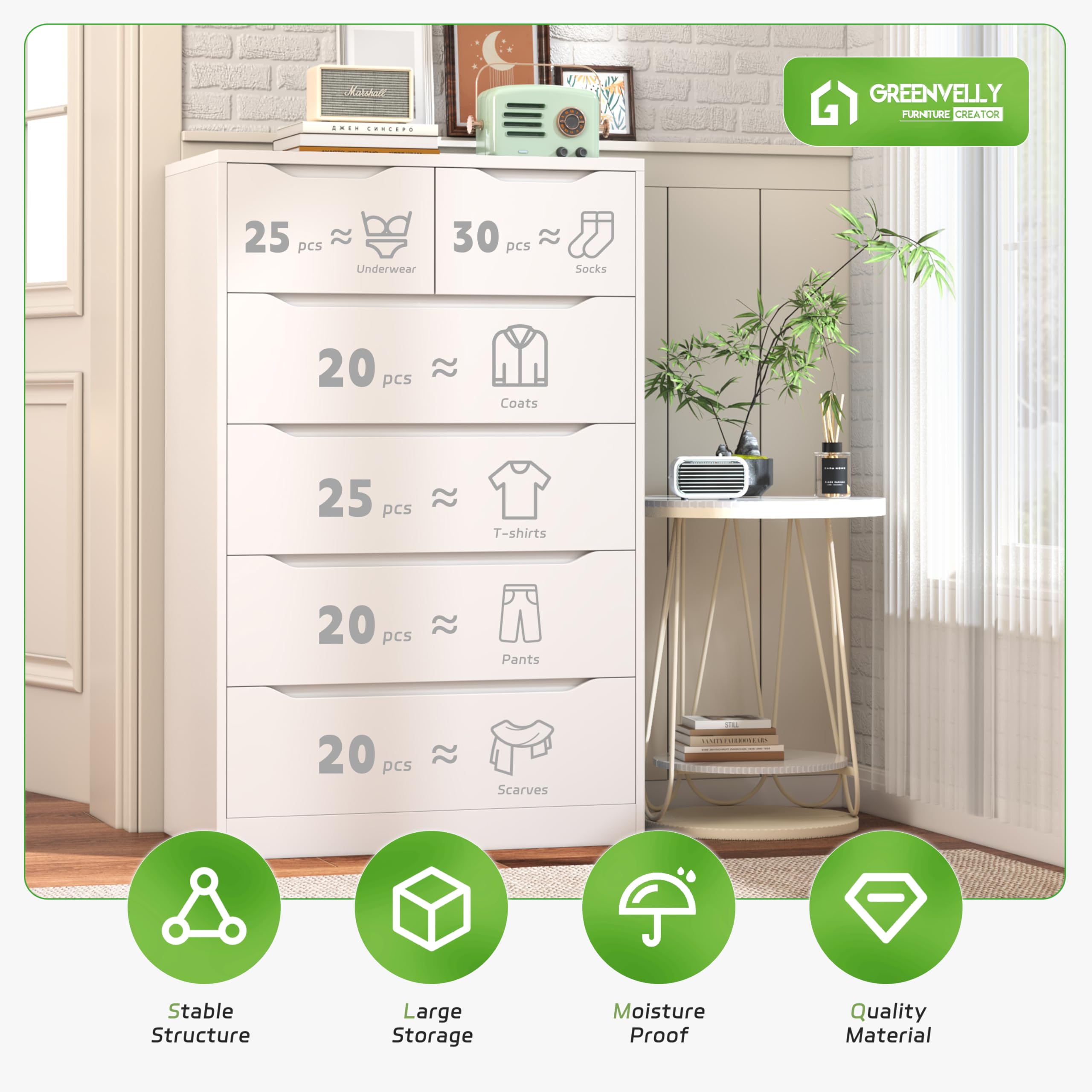 Greenvelly 6-Drawer Tall White Dresser for Bedroom & Nursery - Solid Wood Dresser with Smooth Metal Rails - Spacious Storage Chest of Drawers for Clothes, Toys & Home Organization