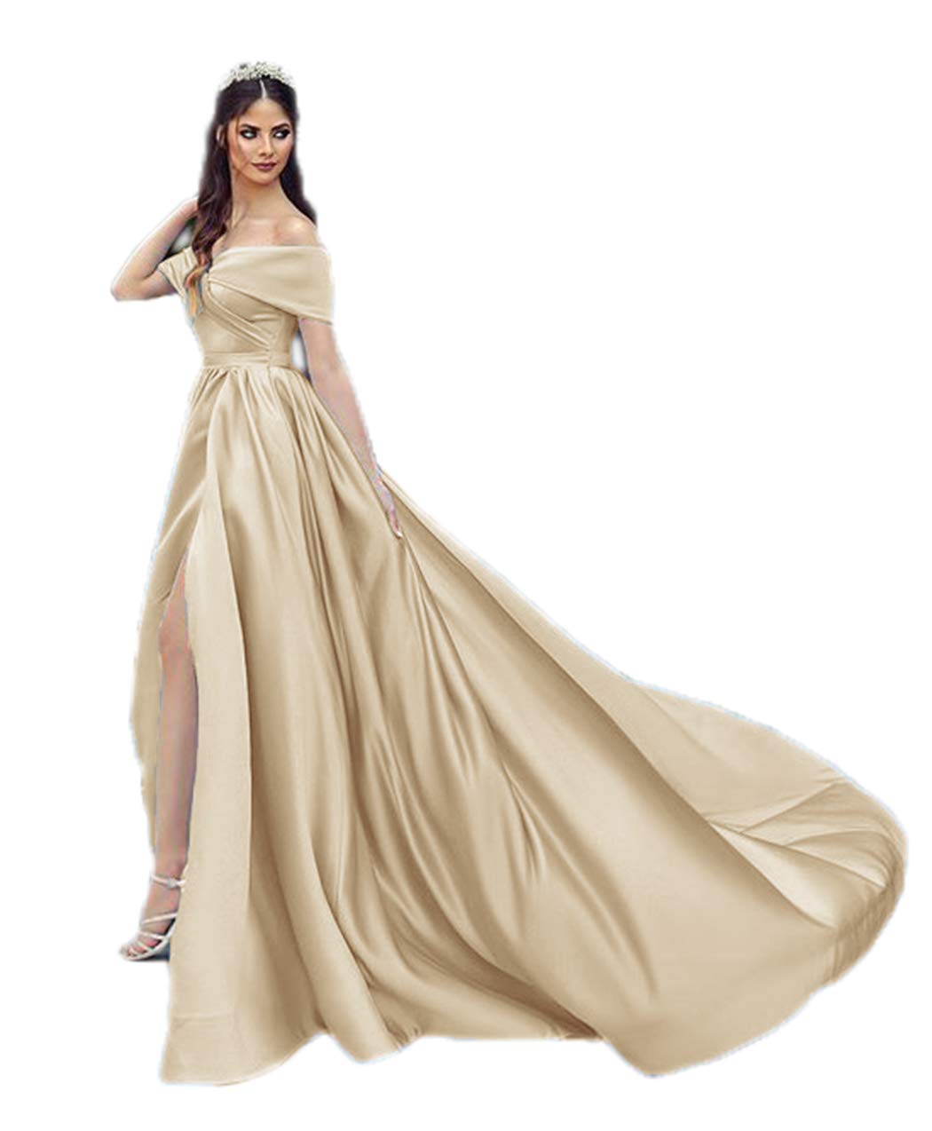Elegant Women's Off-The-Shoulder Satin Evening Dress with High Slit & Pom Details - Perfect for Prom, Cocktail Party, Wedding Guest & Formal Occasions