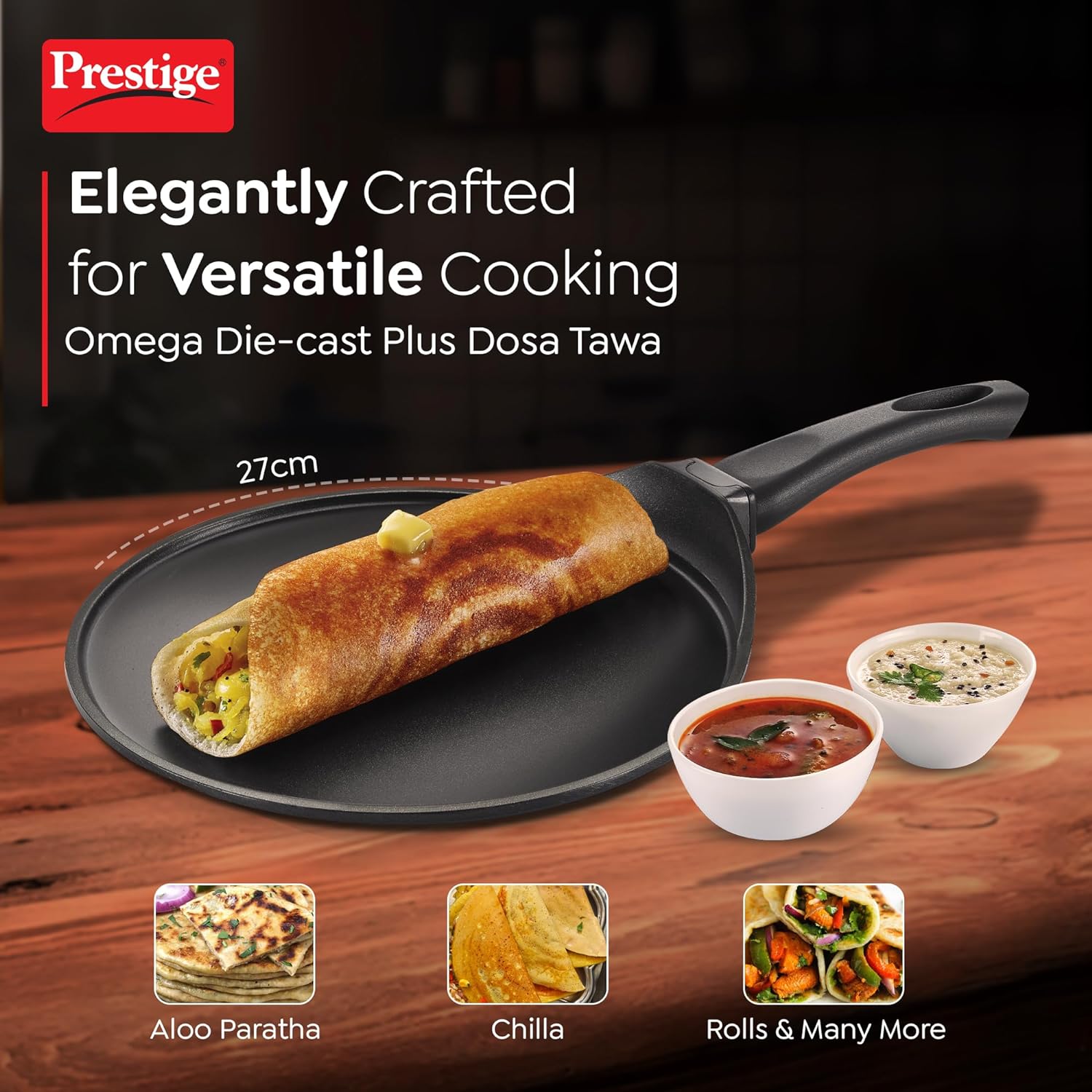 Prestige Omega Die Cast Plus Aluminum Non-Stick Dosa Tawa 27cm - Premium Indian Cooking Pan for Perfect Dosas, Rotis & More - Ideal for Home Kitchens & Restaurants