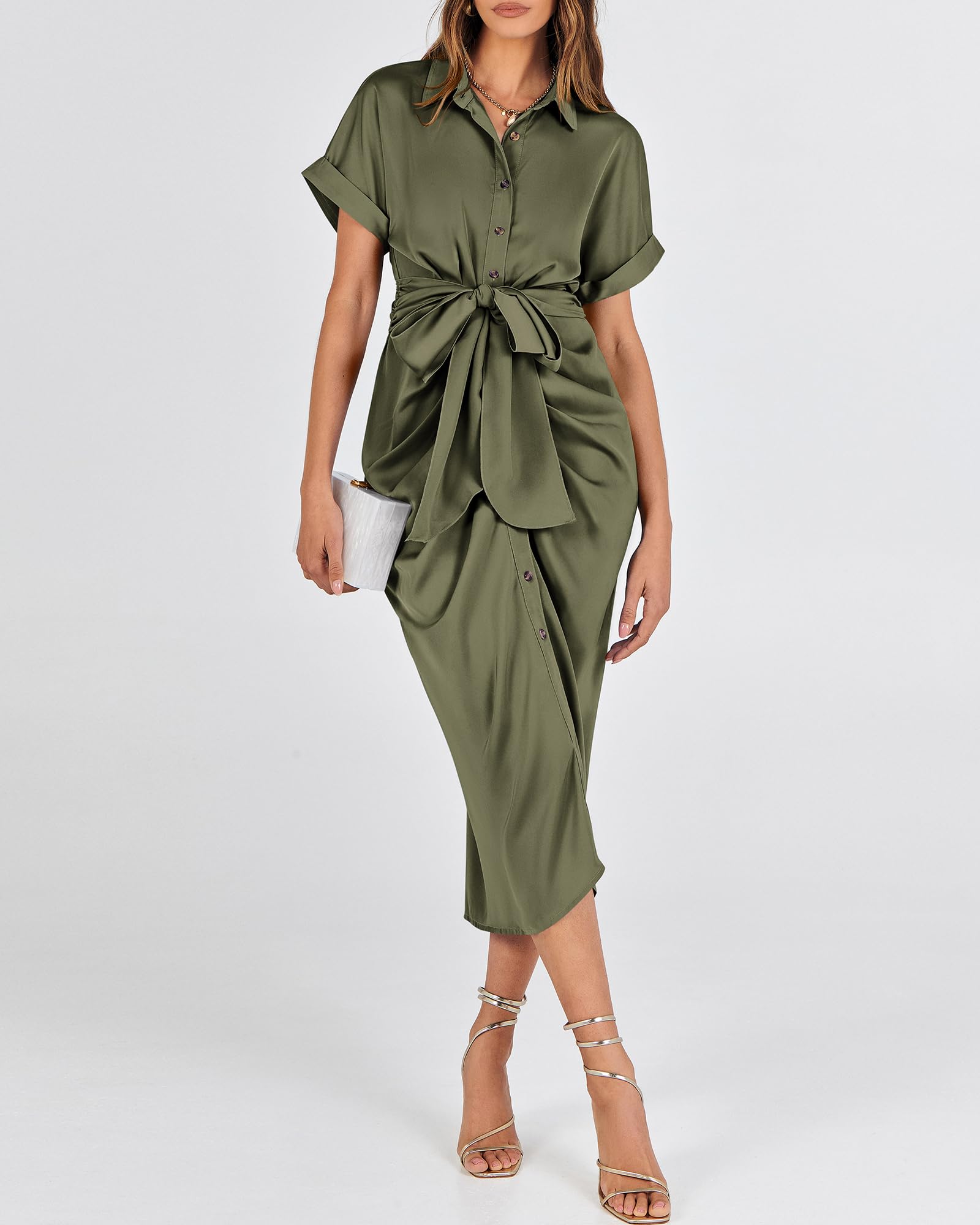 BTFBM Women's 2025 Elegant Ruched Button Down Shirt Dress - Short Sleeve Lapel V-Neck Satin Maxi Dress for Spring Summer | Perfect for Parties, Weddings & Special Occasions
