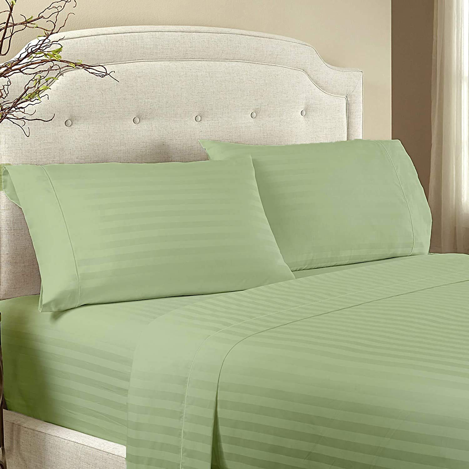 Premium Giza Cotton Sheet Set (4-Piece) - Short Queen Size, Sage Stripe - Ultra Soft & Breathable Bedding for Luxury Comfort | Perfect for Guest Rooms, Vacation Homes & Cozy Bedrooms