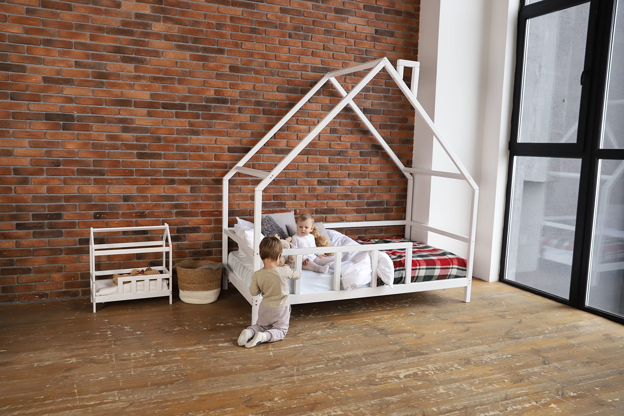 Montessori Toddler Bed with House Roof & Safety Rails - White Twin/Full Size Kids Bed Frame with Legs - Perfect for Nursery, Daycare & Montessori Classrooms (Model 15)