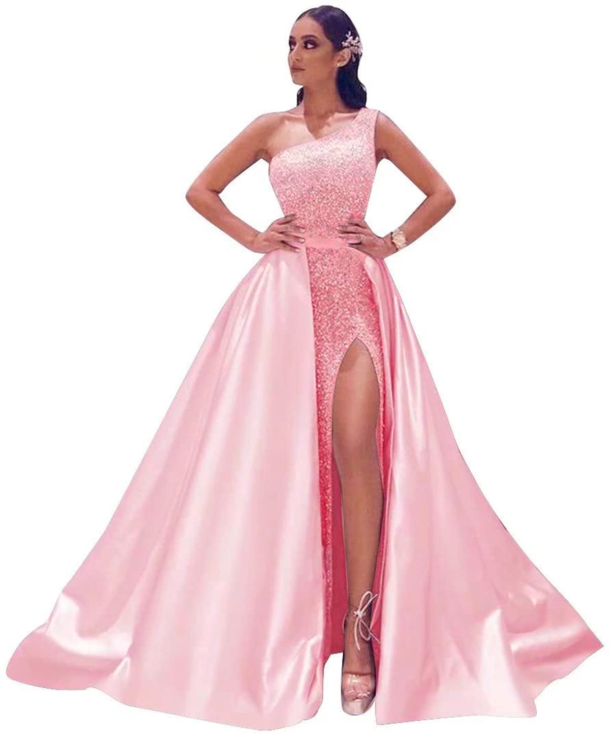 Dymaisei Women's One Shoulder Sequin Prom Dress 2023 - Long Satin Ball Gown Formal Evening Dress with High Slit - Perfect for Homecoming, Prom, Gala & Black Tie Events