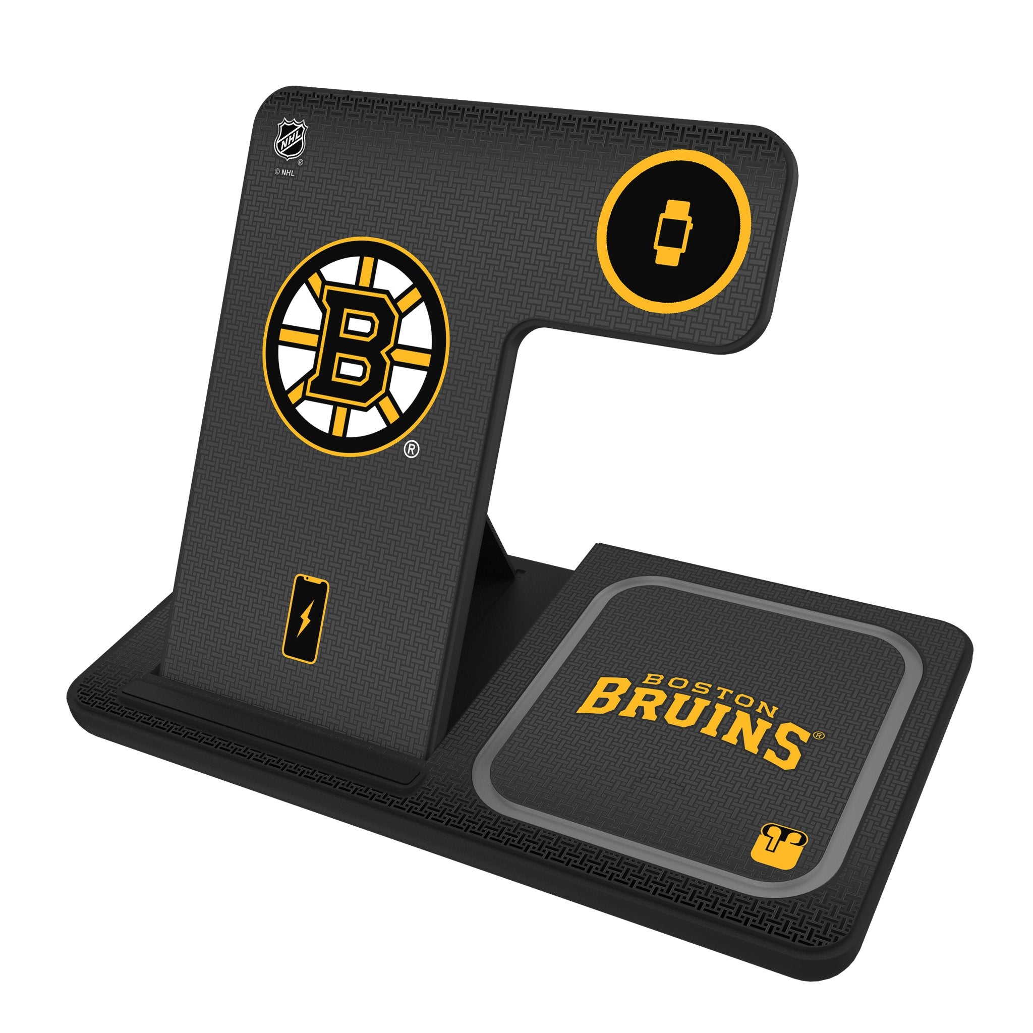 Boston Bruins 3-in-1 Wireless Charging Station with Fast Charging - Perfect for Home, Office and Travel - Compatible with iPhone, Android & AirPods