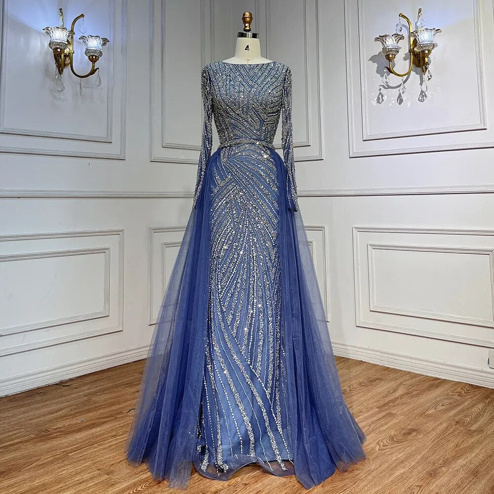 Luxury Blue Mermaid Evening Dress with Detachable Skirt - Dubai Inspired Muslim Gown for Women | Elegant Party Wear for Weddings, Galas & Special Occasions