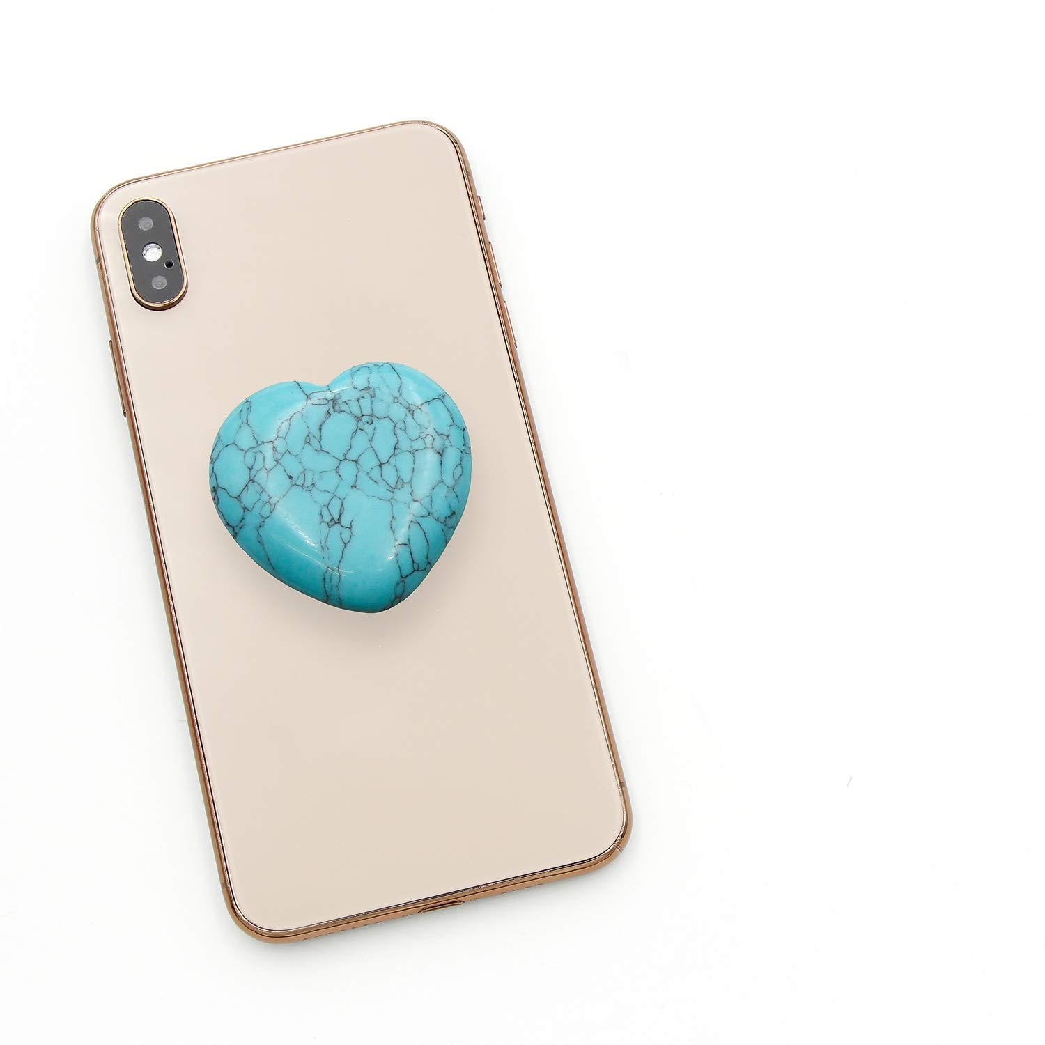 Turquoise Heart Phone Grip with Crystal Gemstone - Collapsible Phone Holder & Tablet Stand - Worry Stone for Stress Relief - Perfect for Work, Travel and Daily Use