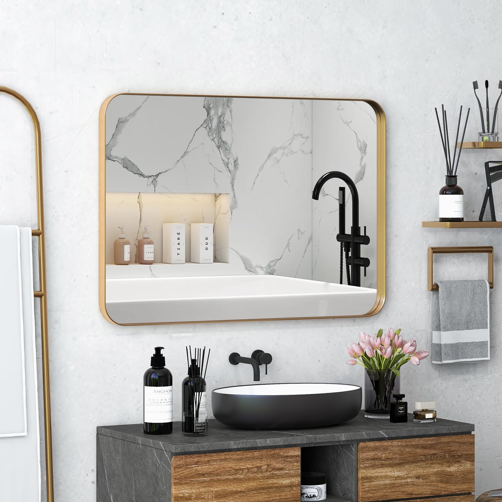 Tangkula 20 x 32 Inch Matte Gold Metal Framed Bathroom Mirror - Rust-Resistant Tempered Glass Wall Mirror for Bathroom Vanity, Horizontal or Vertical Hanging - Perfect for Modern Bathrooms, Powder Rooms & Dressing Areas