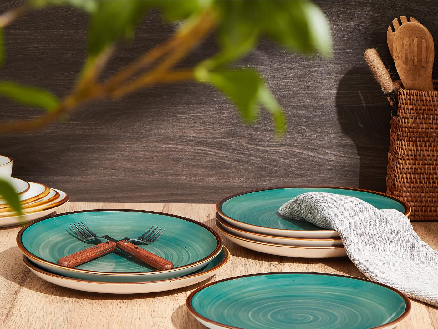 ONEMORE 10.5 Inch Ceramic Dinner Plates Set with 30oz Salad Bowls - Microwave, Oven & Dishwasher Safe - Durable Teal Blue Tableware for Everyday Dining, Parties & Restaurant Use