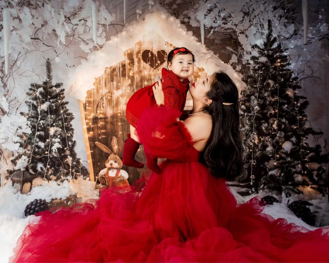 Elegant Winter Off Shoulder Tulle Maternity Dress for Baby Shower, Pregnancy Photoshoot & Special Occasions | Flowy Long Sleeve Gown for Expecting Moms