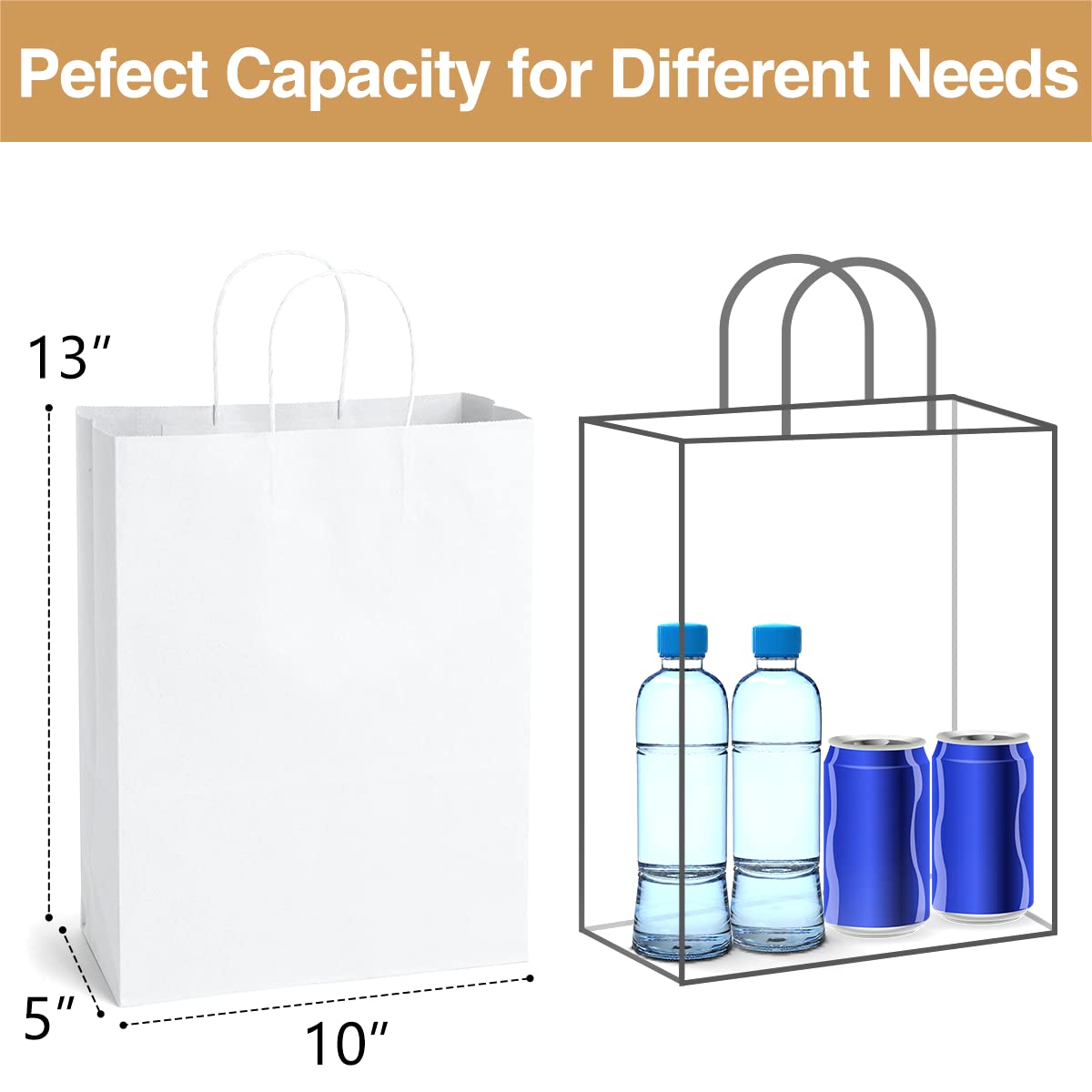 Eco-Friendly Kraft Paper Gift Bags with Handles - 10x5x13 Inches, 100 PCS Bulk (White) - Perfect for Party Favors, Shopping, Grocery & Retail Packaging | Great for Birthday Parties, Weddings & Store Merchandise Displays