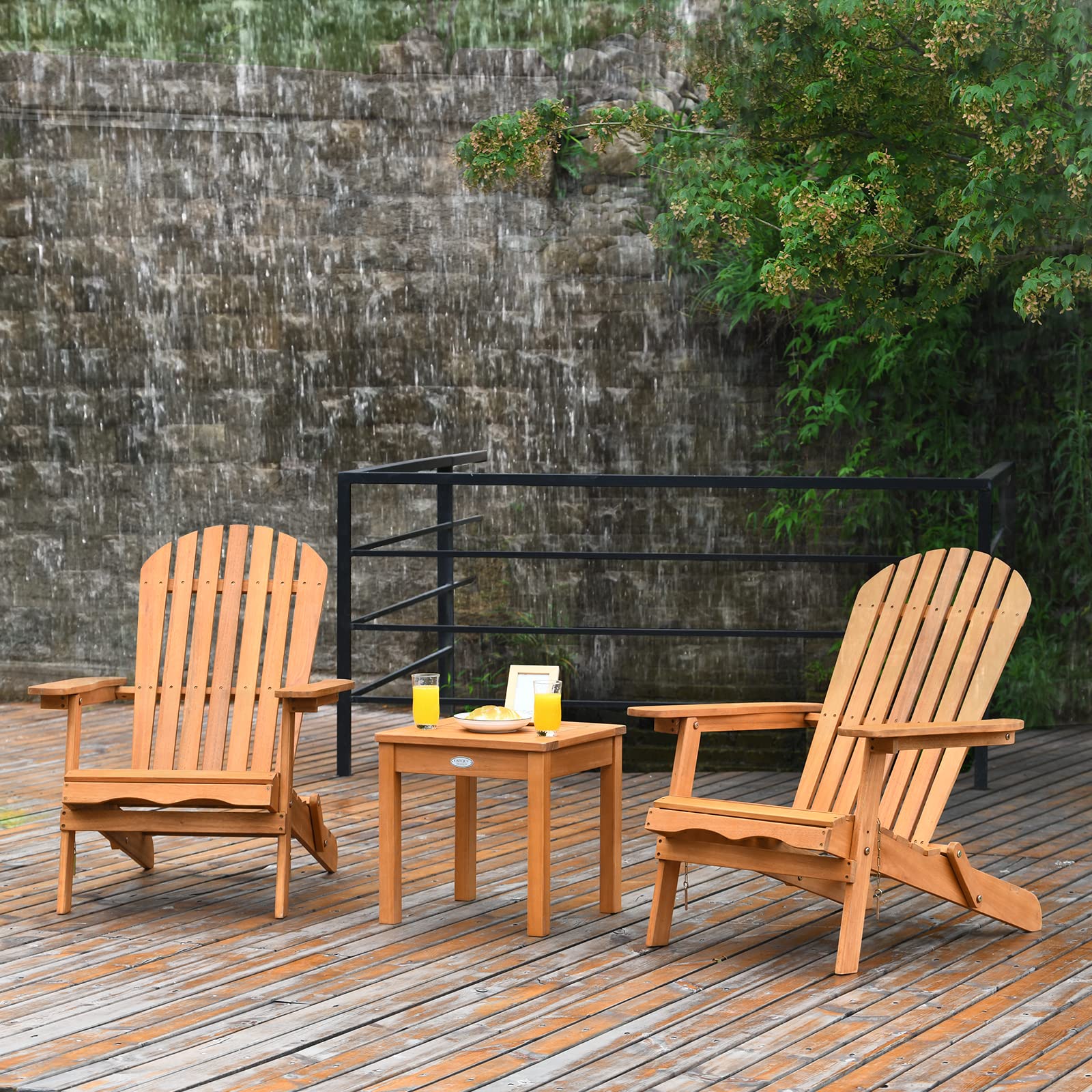 Giantex 3-Piece Foldable Adirondack Chair Set with Side Table - Wide Armrests, Sturdy Eucalyptus Wood Frame - Outdoor Patio, Poolside & Garden Lounge Furniture for Relaxing