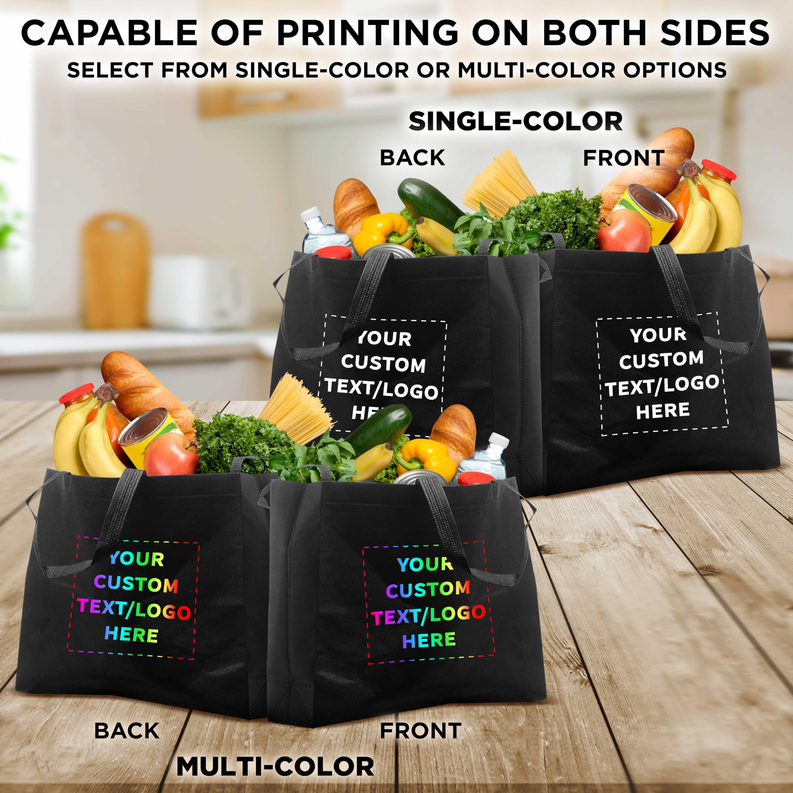 Custom Jumbo Reusable Tote Bags - Bulk Pack of 50 Personalized Grocery & Shopping Bags - Promotional Gift for Women (Black) | Perfect for Retail Stores, Events, Trade Shows & Eco-Friendly Shopping