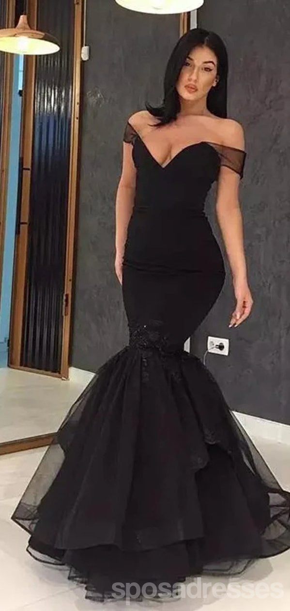 Elegant Black Mermaid Off-Shoulder V-Neck Prom Dress for Women - Sexy Formal Evening Gown for Party, Homecoming, Prom Night & Special Occasions