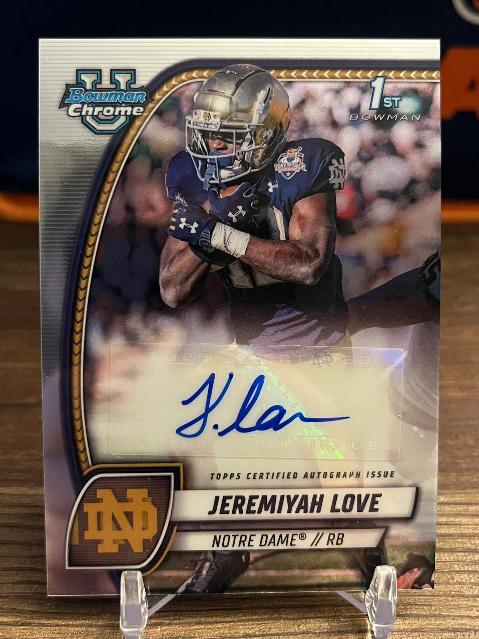 Jeremiyah Love Autographed Notre Dame 1st Bowman Chrome Baseball Card - Perfect for Sports Memorabilia Collectors and Notre Dame Fans