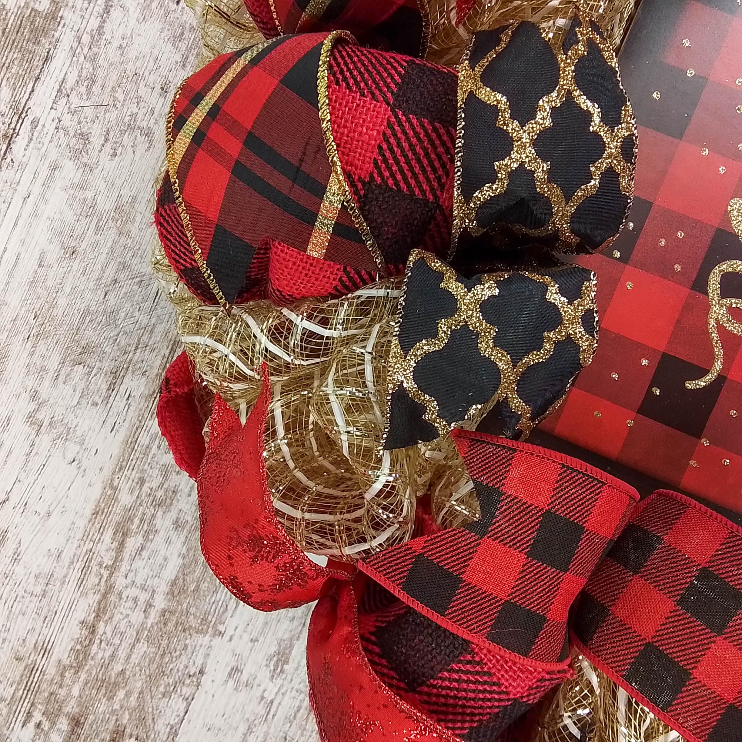 Black Red Gold Christmas Wreath - Burlap Buffalo Plaid Holiday Decor - Mesh Front Door Wreath for Christmas Decorations, Home Entryway, Fireplace Mantel & Seasonal Party Decor