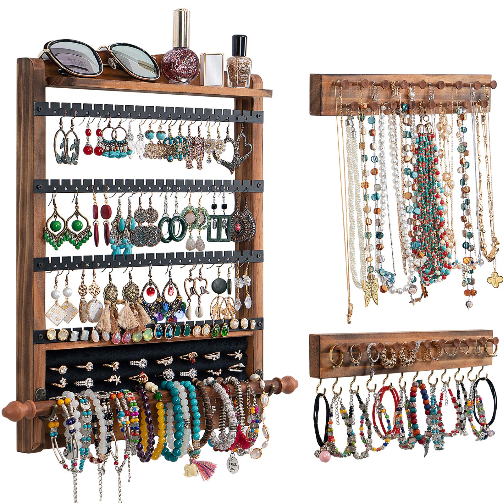 QILICHZ 3-Piece Wooden Wall Mounted Jewelry Organizer Set - Rustic Hanging Earring Holder & Necklace Display for Bedroom, Bathroom, and Closet Storage