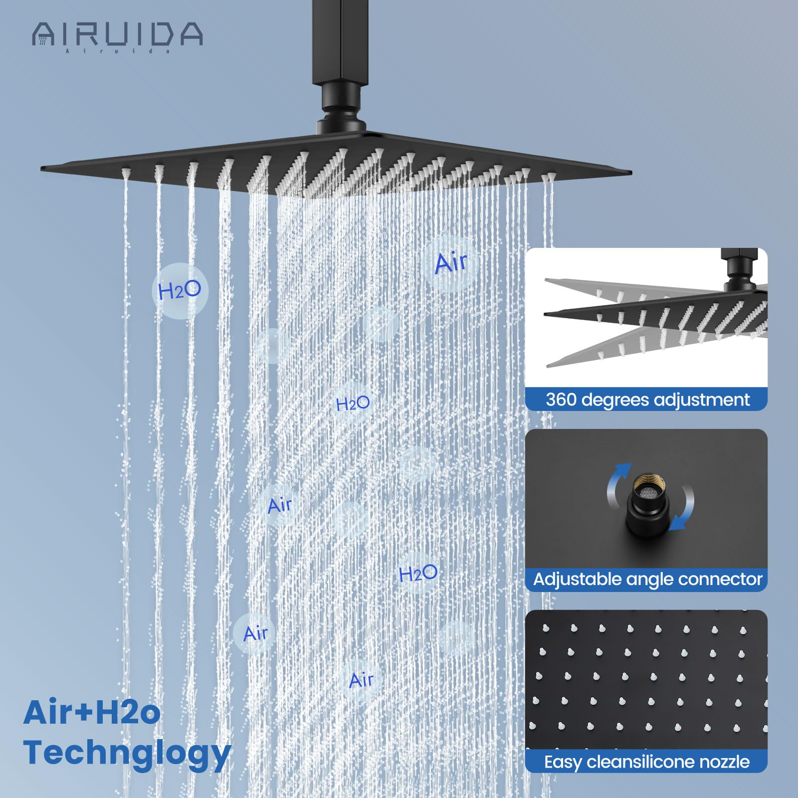 Airuida Matte Black Ceiling Mount Shower System Set - 12 Inch SUS304 Rainfall Shower Head with 6 Body Spray Jets, Brass Handheld Rain Mixer for Full Body Shower Experience | Perfect for Modern Bathroom Renovation & Spa-Like Relaxation