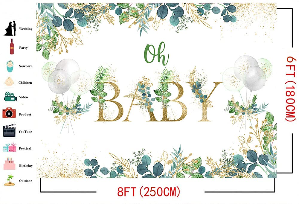 Oh Baby Greenery Backdrop - 8x6ft Vinyl Green Leaves Photography Background for Gender Neutral Baby Shower Decorations | Perfect for Boys' Nursery, Newborn Photo Shoots & Party Decor