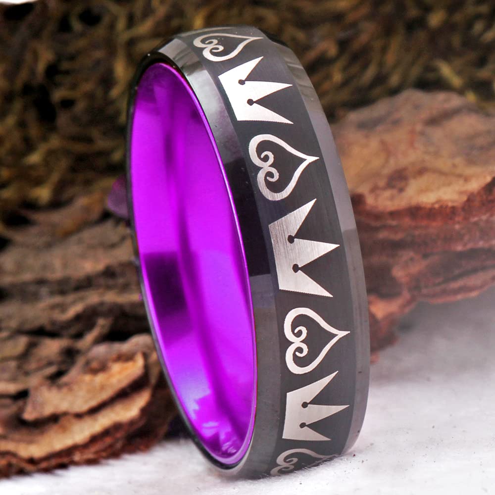 Kingdom Hearts & Crowns Design Cosplay Ring - 8mm Wide Red & Black Tungsten Wedding Band with Matte Finish & Beveled Edges - Free Custom Engraving - Perfect for Cosplay, Costume Parties, and Gothic Weddings