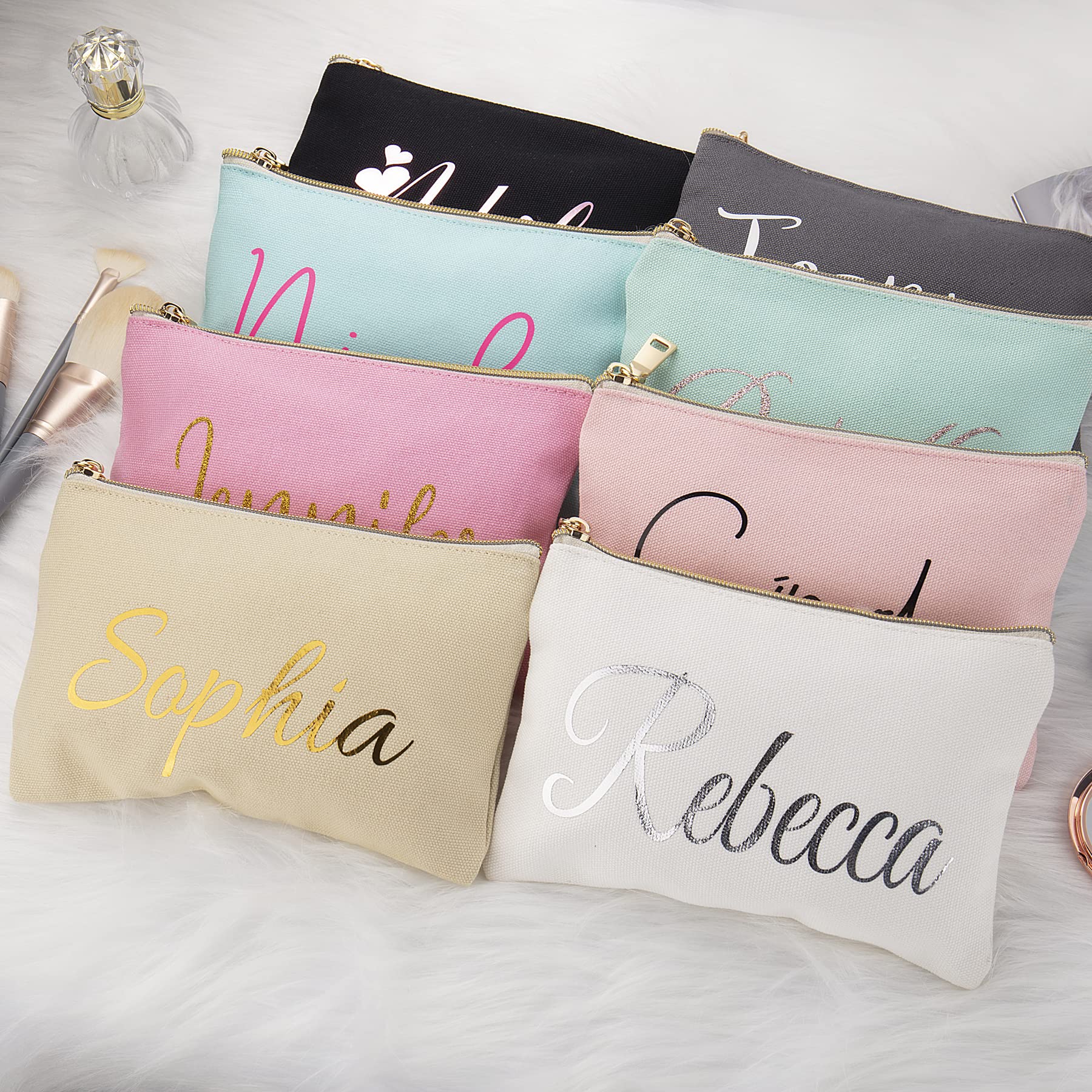 Custom Personalized Travel Makeup Bag - Canvas Cosmetic Zipper Pouch for Women | Bridesmaid Proposal Gift & Bride Toiletry Organizer | Perfect for Weddings, Bachelorette Parties & Travel (Black)