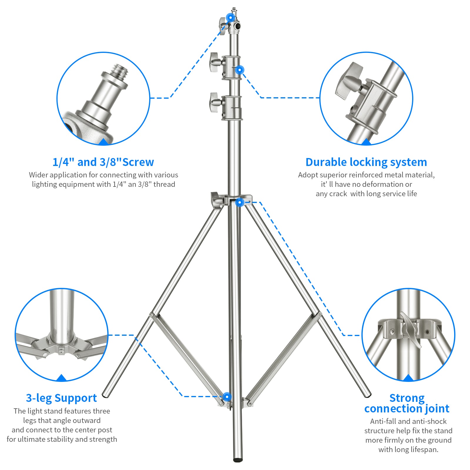 NEEWER ST 300SS 300cm Stainless Steel Heavy Duty Light Stand for Photography Studio, Video Shooting, YouTube Content Creation - Adjustable Tripod with Carry Bag