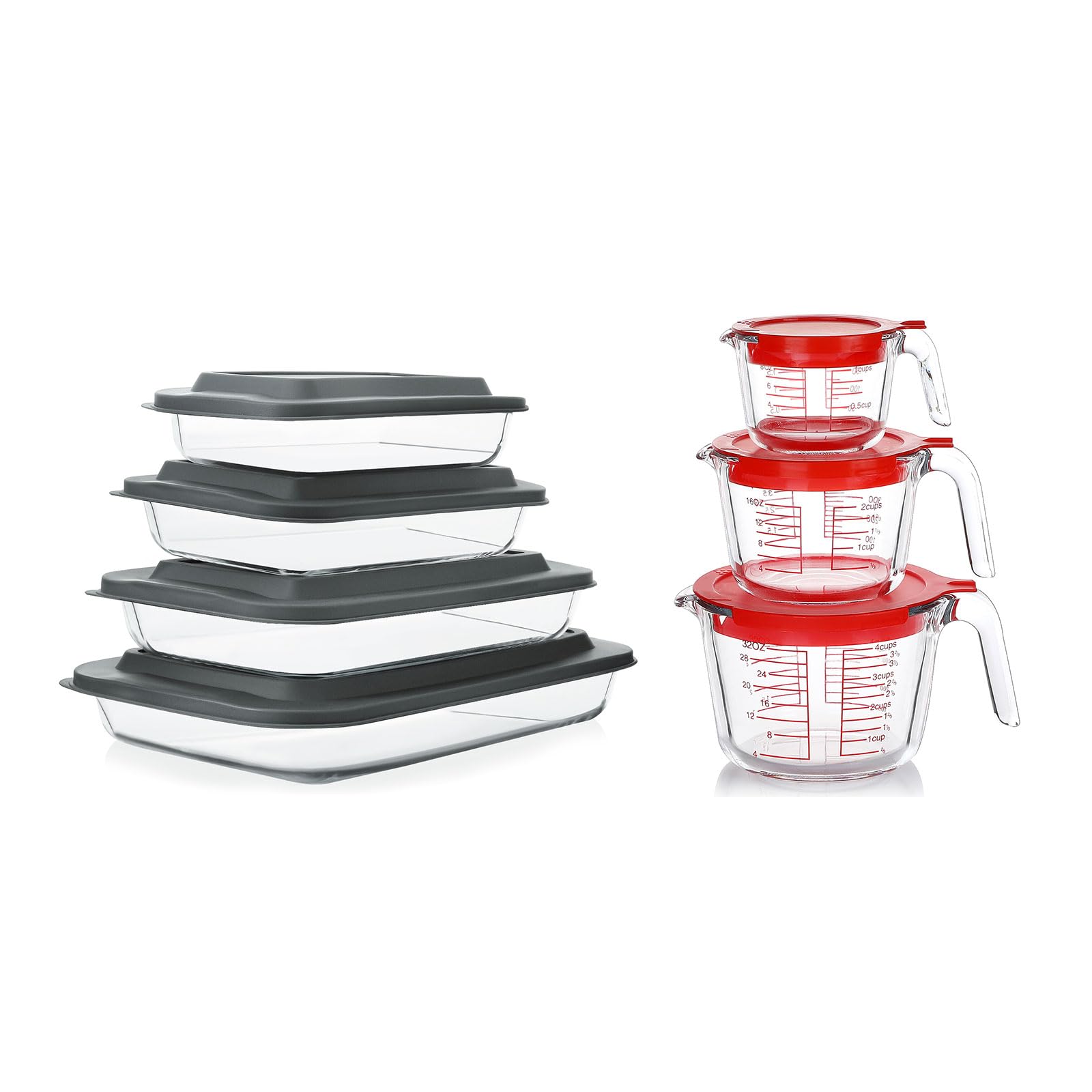 8-Piece Glass Baking Dish Set with Lids & 6-Piece Glass Measuring Cup Set - Oven Safe, Microwave Safe Kitchen Essentials for Baking, Cooking, Meal Prep & Storage