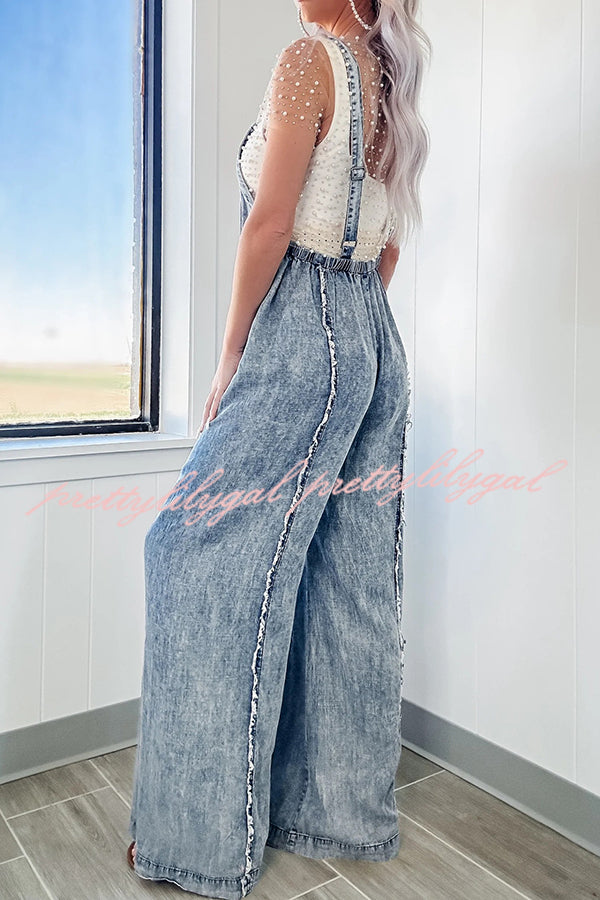 Vintage Washed Denim Jumpsuit for Women - Raw Edge Elastic Waist Wide Leg Romper | Casual Outfit, Boho Chic Style, Streetwear Fashion for Everyday Wear