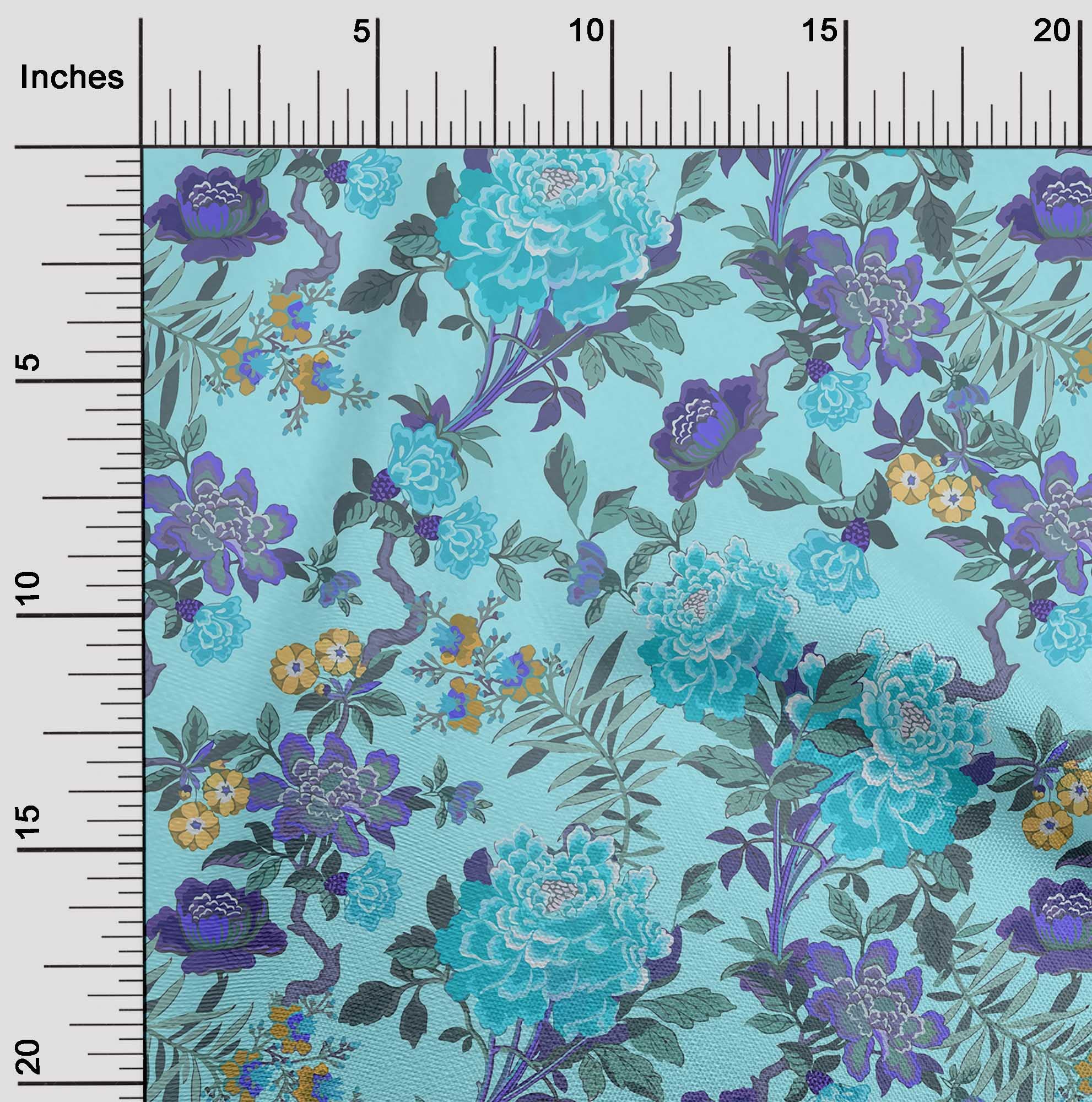 oneOone Polyester Spandex Aqua Blue Floral Print Fabric - 56 Inch Wide for DIY Clothing, Quilting & Home Decor | Soft Stretch Material for Dresses, Curtains & Craft Projects