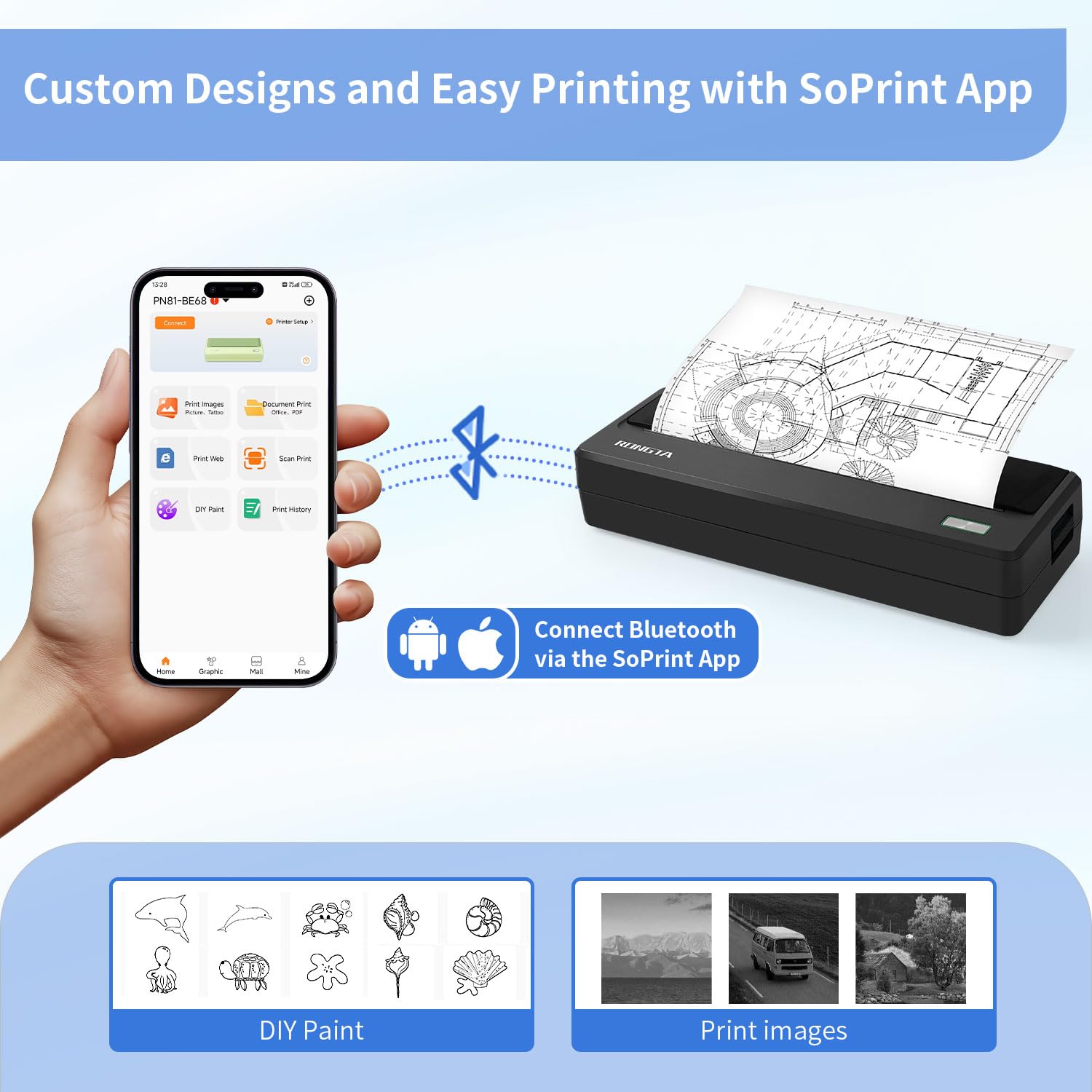 Rongta Portable Bluetooth Thermal Printer - Wireless Inkless Printer for Travel & Home Use, Supports 8.5