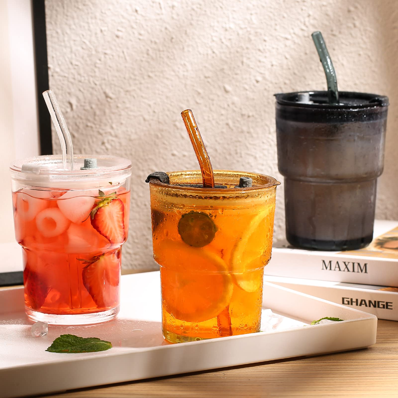 13 OZ/400ML Insulated Coffee Tumbler with Straw & Leak-Proof Lid - Thick Wall Glass Mug for Iced Coffee, Tea, Water - Perfect for Travel, Office & Home Use (Amber)