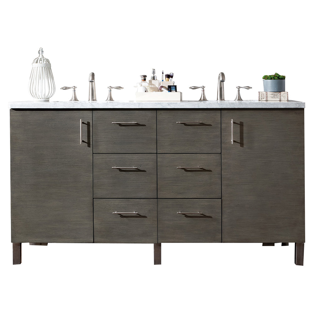 Metropolitan 60 Inch Double Bathroom Vanity Set with 3CM Eternal Jasmine Pearl Quartz Countertop - Silver Oak Finish | Perfect for Master Bathroom Remodeling & Luxury Home Upgrade