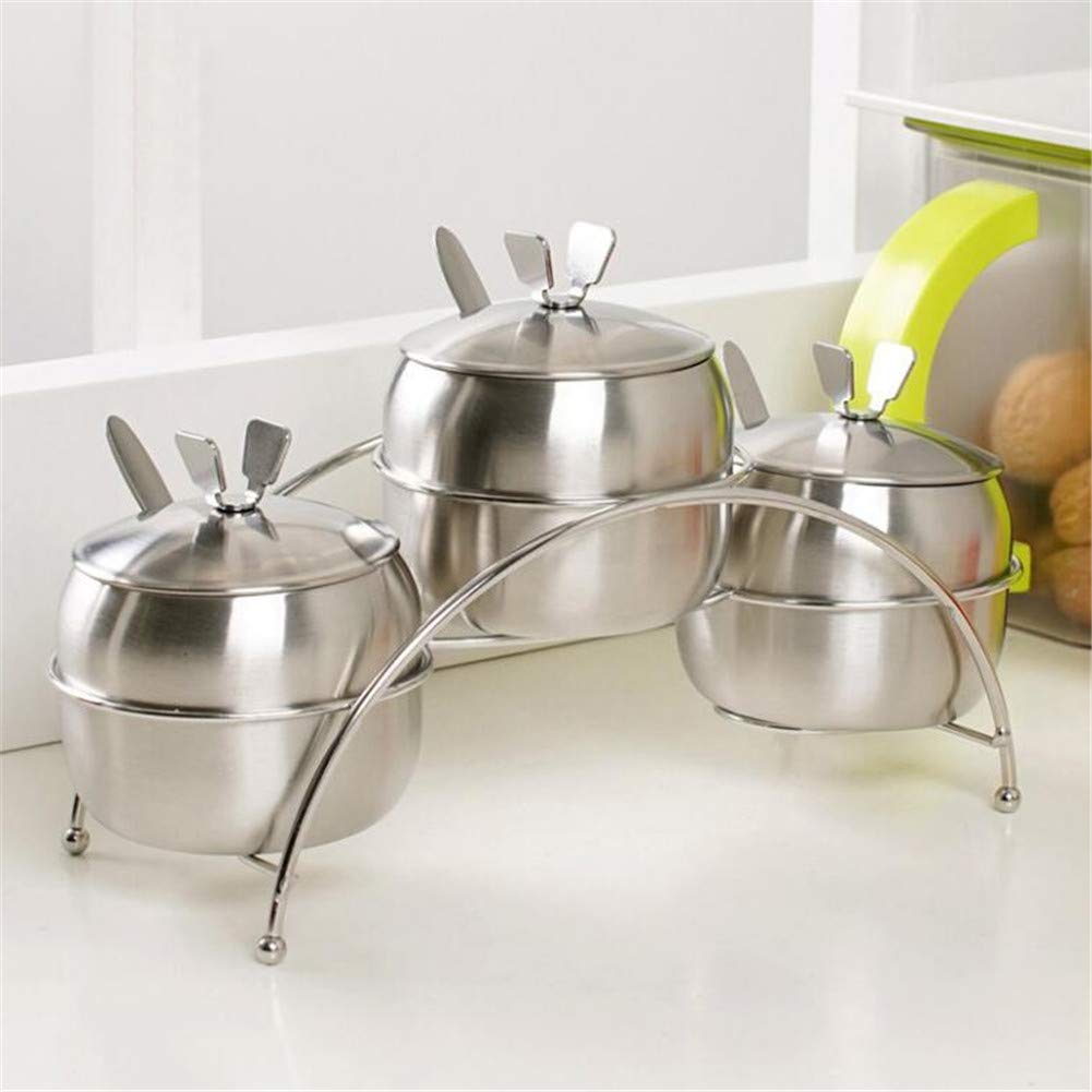 3Pcs Stainless Steel Spice Jars with Tray & Spoons - Airtight Kitchen Seasoning Storage Containers for Salt, Pepper, Cumin & Herbs | Perfect for Countertop Organization & Cooking Essentials