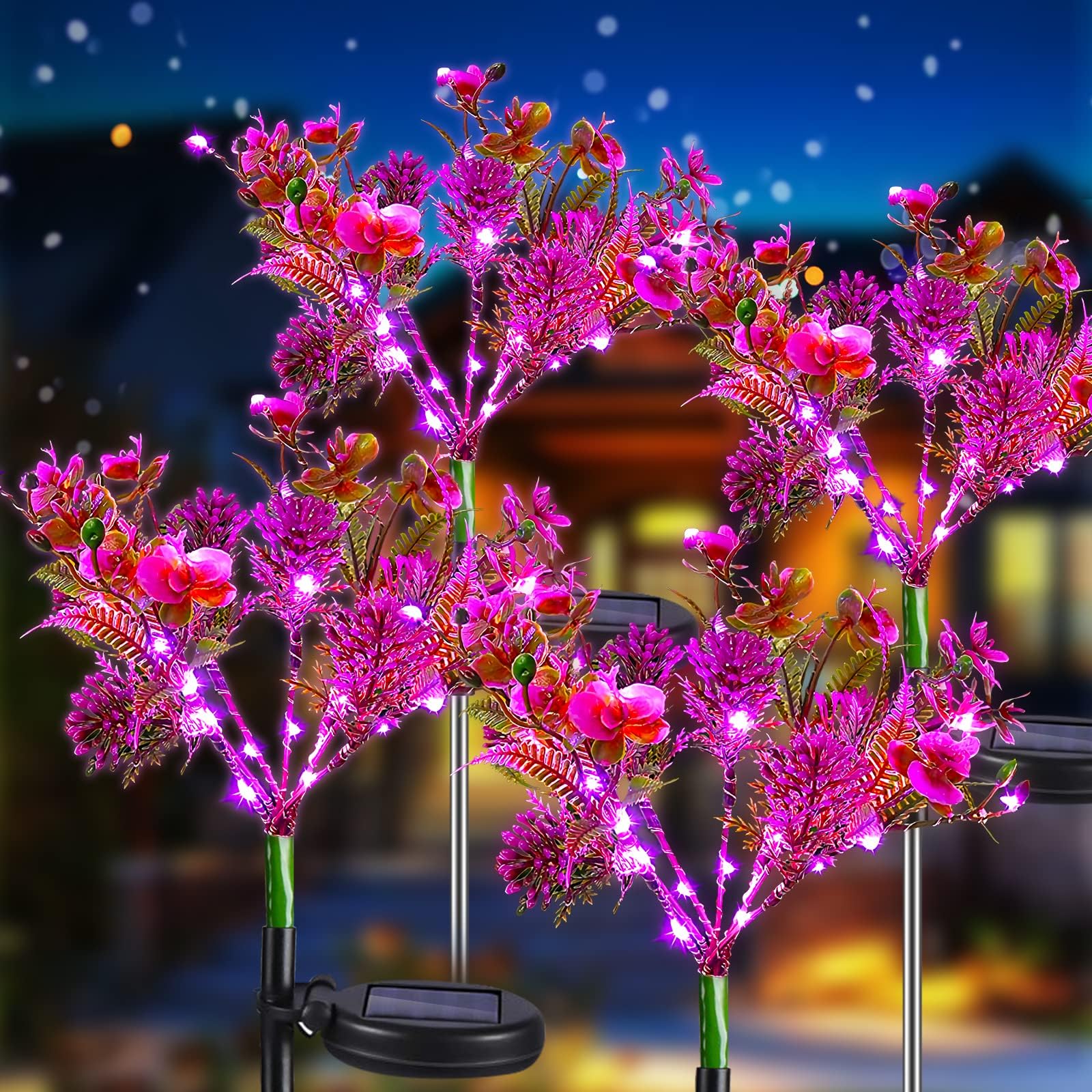 Neporal 4PK Purple Phalaenopsis Solar Garden Lights - Waterproof Outdoor Solar Flowers for Garden, Yard, Pathway Decor - Perfect for Patio, Lawn, Landscape Lighting at Night