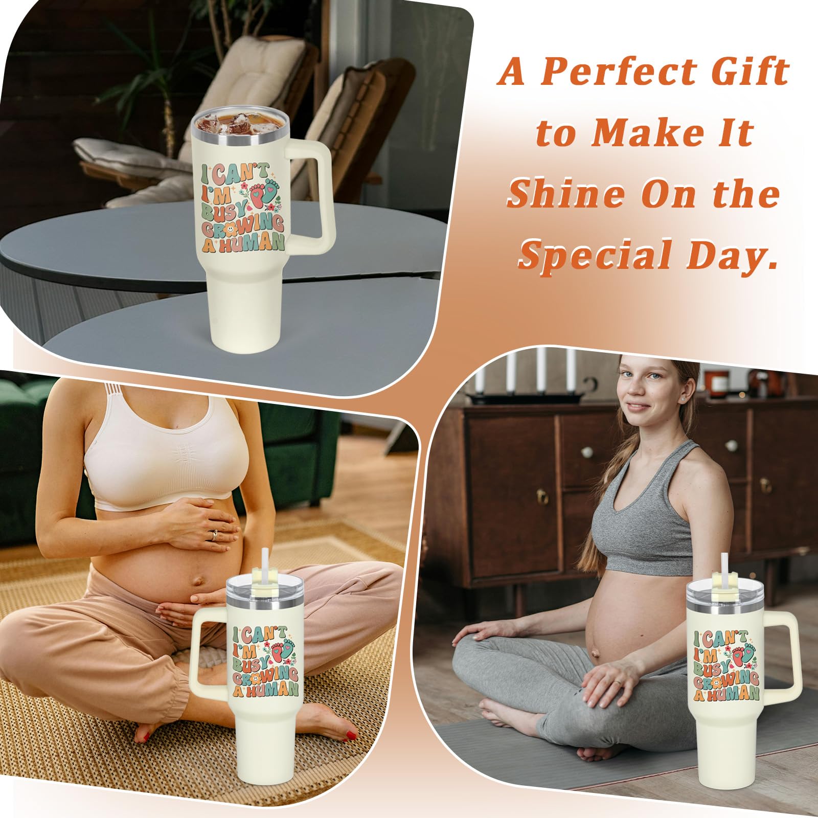 40oz 'I'm Busy Growing A Human' Tumbler with Handle - Funny Pregnancy Gift for Expecting Moms, New Mothers & Baby Showers | Perfect Mother's Day Present for Coffee, Tea & Hydration On-The-Go
