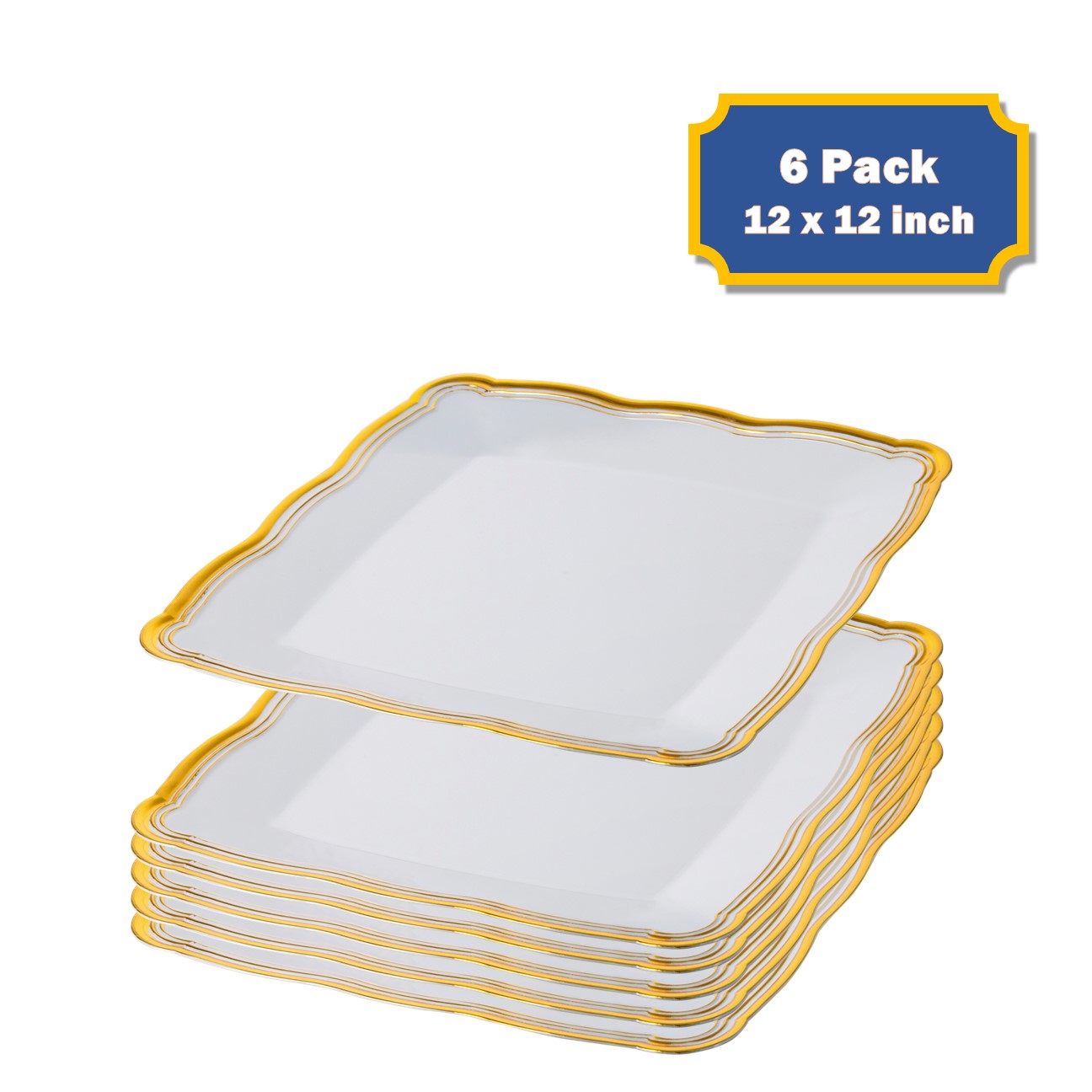 12x12 Inch Square White and Gold Rim Plastic Serving Trays - 6 Pack Set for Party, Dining, and Home Decor - Durable & Stylish Serving Platters for Entertaining, Buffets, and Events