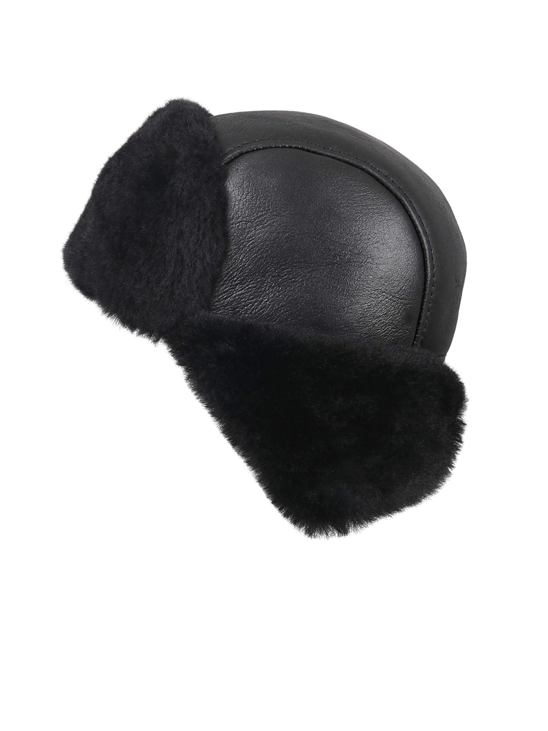 Genuine Leather Aviator Shearling Ushanka Trapper Hat - Russian Sheepskin Winter Cap with Real Fur & Ear Flaps for Men and Women - Warm Cold Weather Headwear for Skiing, Snowboarding & Outdoor Activities
