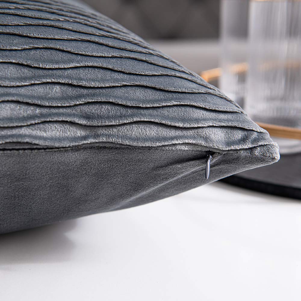 DEZENE Grey Striped Velvet Pillow Covers - Set of 2 (20x20 Inches) Farmhouse Decorative Throw Pillow Cases for Sofa, Couch & Bed - Perfect for Living Room, Bedroom & Home Decor