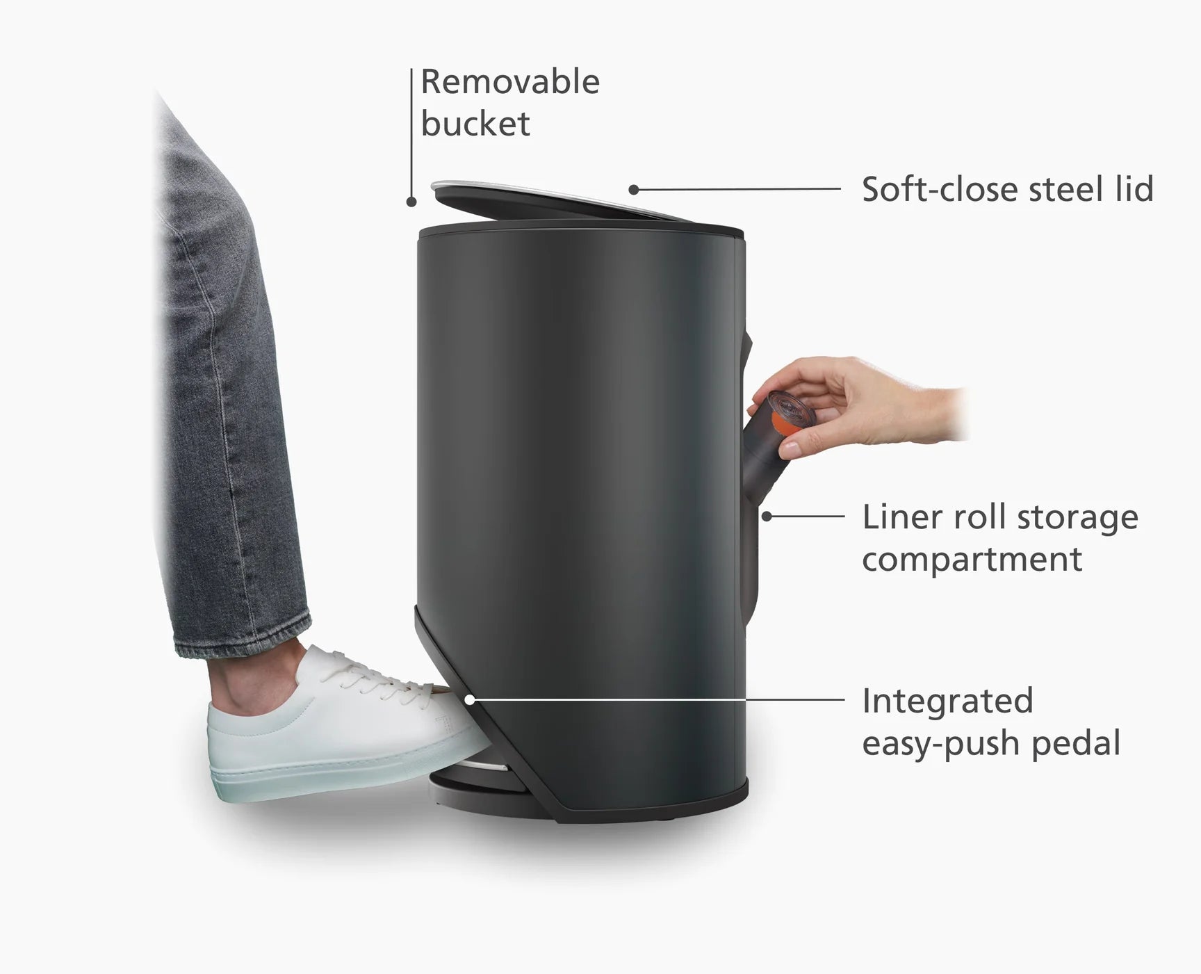 Arc™ 10L Easy Push Matt Black Pedal Bin - Hands-Free Trash Can for Kitchen, Bathroom & Office Waste Disposal