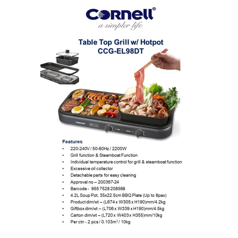 Cornell CCGEL98DT 2-in-1 Nonstick Electric Grill & Hot Pot Set for Indoor BBQ, Shabu Shabu, and Fondue – Perfect for Family Gatherings, Parties, and Camping