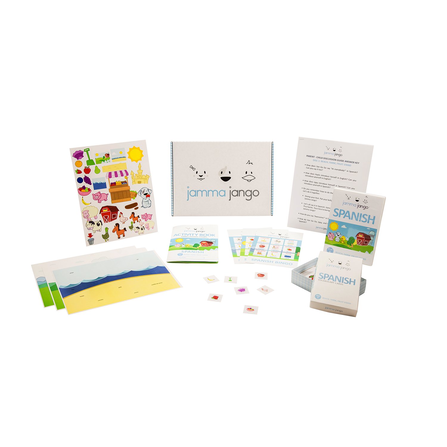 Jamma Jango™ Bilingual Spanish Learning System for Kids Ages 0-7 - Educational DVD, 34 Vocabulary Flashcards, Coloring Book, Bingo Game & Stickers - Perfect for Homeschooling & Early Childhood Language Development