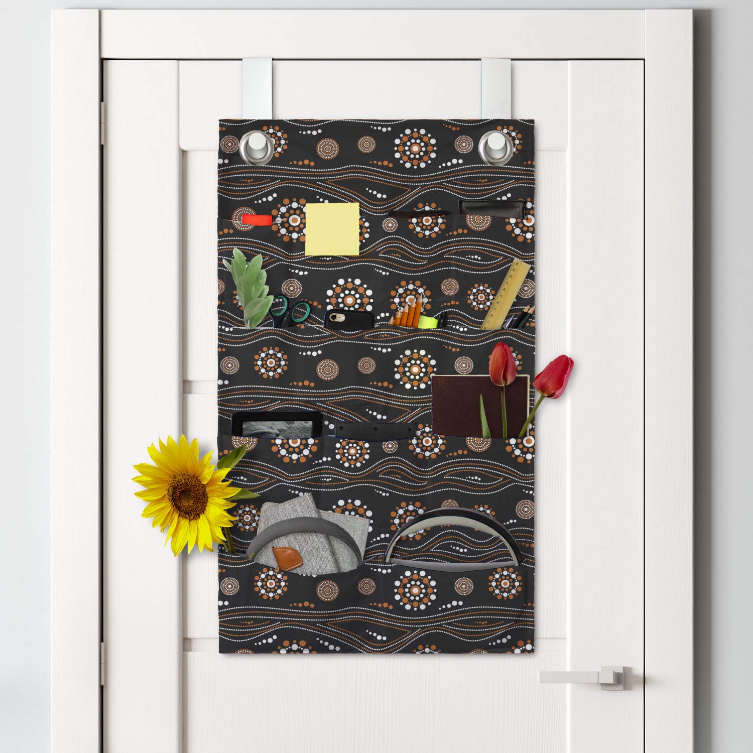 Ambesonne Aboriginal Hanging Pocket Organizer - Abstract Round Motif with Dots & Waves Design, Dark Backdrop Printed Polyester Storage Bag with Multiple Pockets, 21 x 31 Inches, Charcoal Grey & Orange - Perfect for Bedroom Closet, Bathroom, Nursery or Dorm Organization