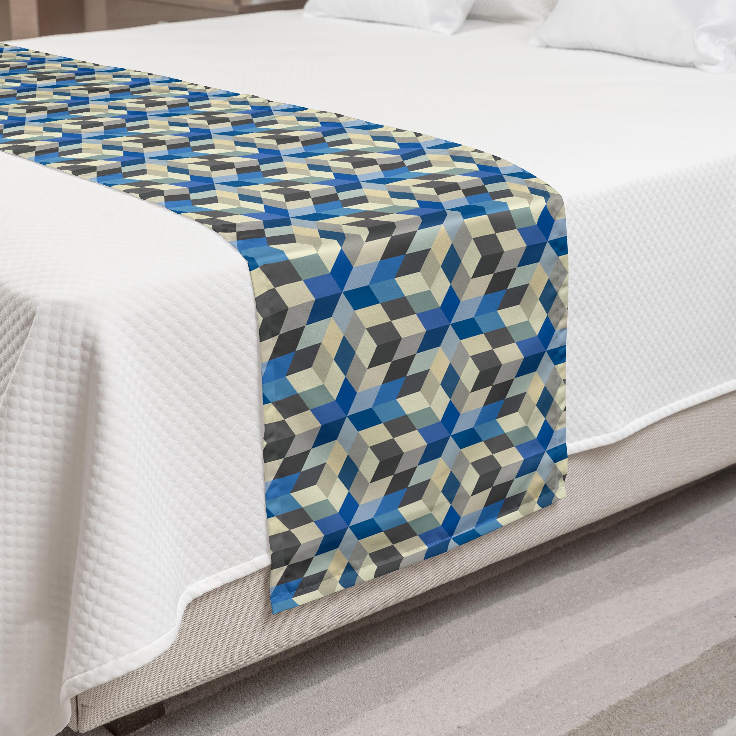 Ambesonne Abstract 3D Cube Geometric Bed Runner - Modern Digital Art Polygonal Pattern Decorative Bed Scarf for Hotels, Homes & Guest Rooms | Multicolor Accent Piece for Contemporary Bedroom Decor